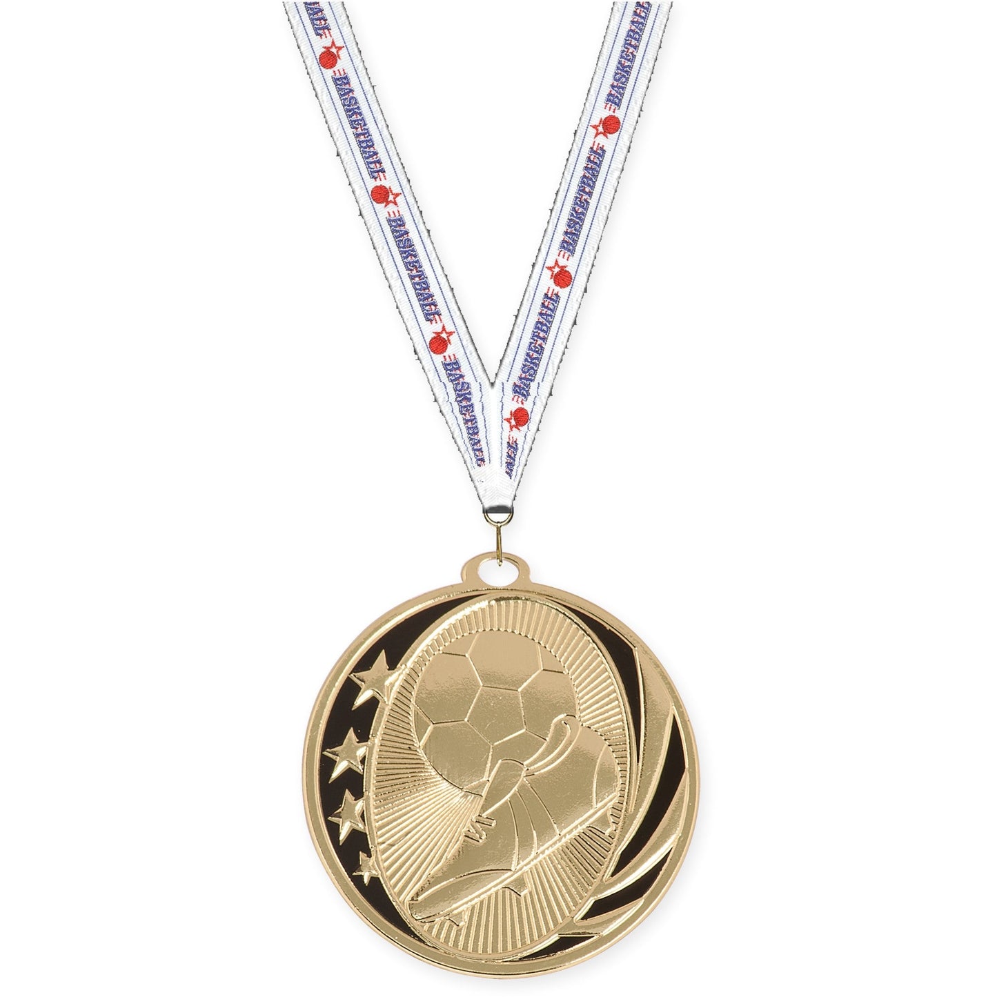 2 inch soccer MidNite Star medal in bright gold with Basketball neck ribbon