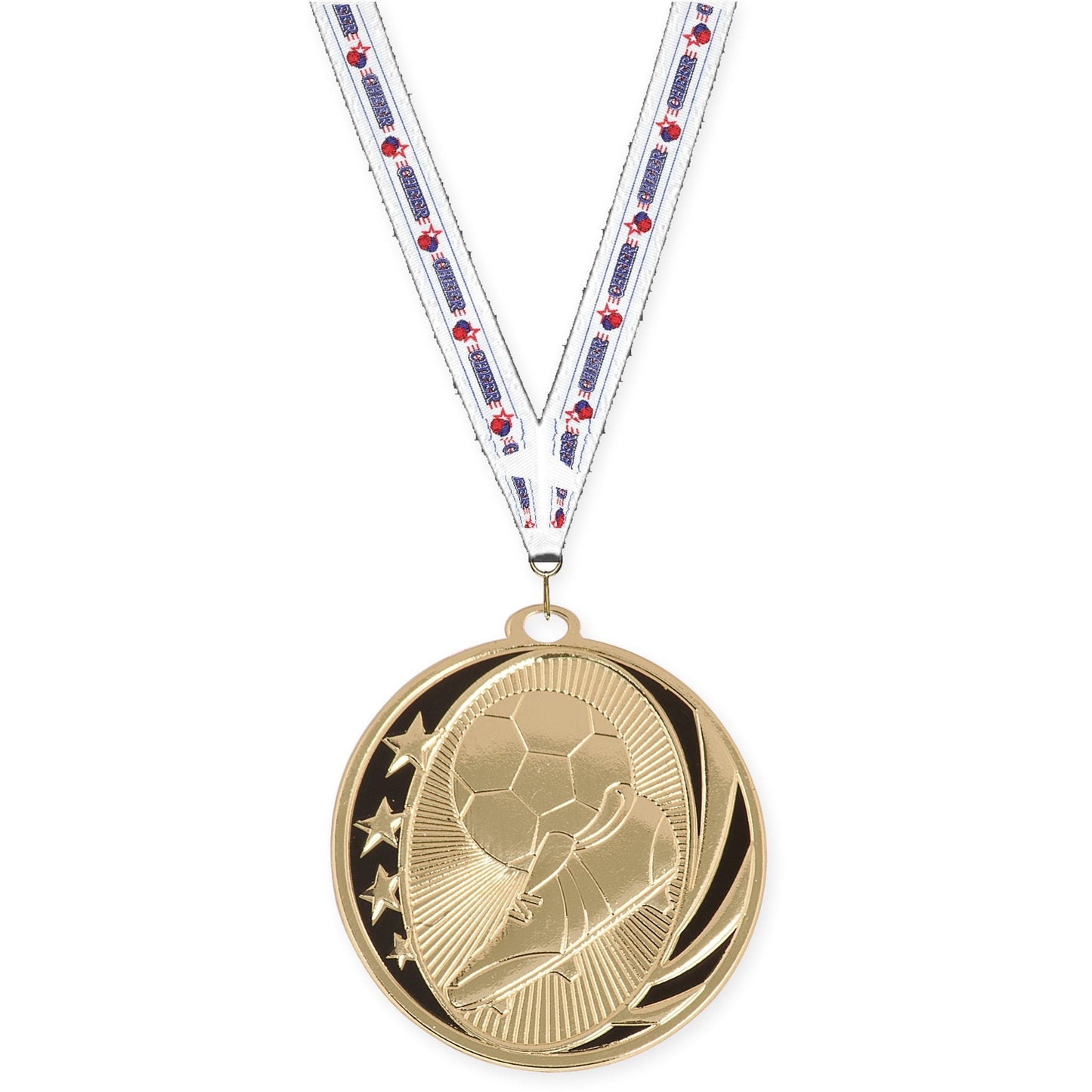 2 inch soccer MidNite Star medal in bright gold with Cheerleading neck ribbon