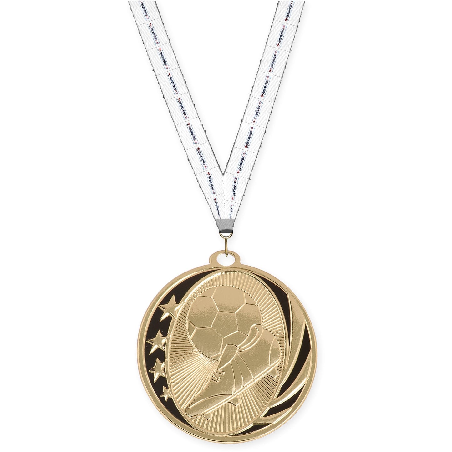 2 inch soccer MidNite Star medal in bright gold with Gymnastics neck ribbon