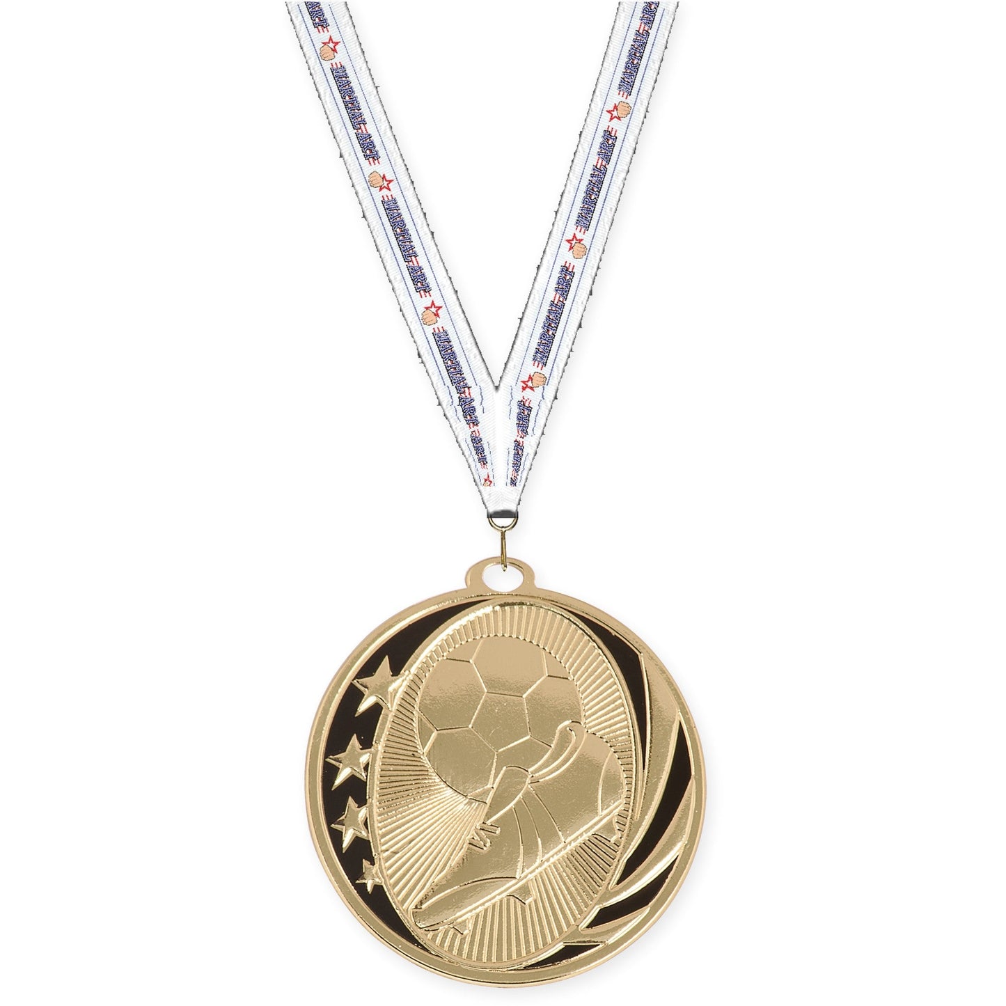 2 inch soccer MidNite Star medal in bright gold with Martial Arts neck ribbon