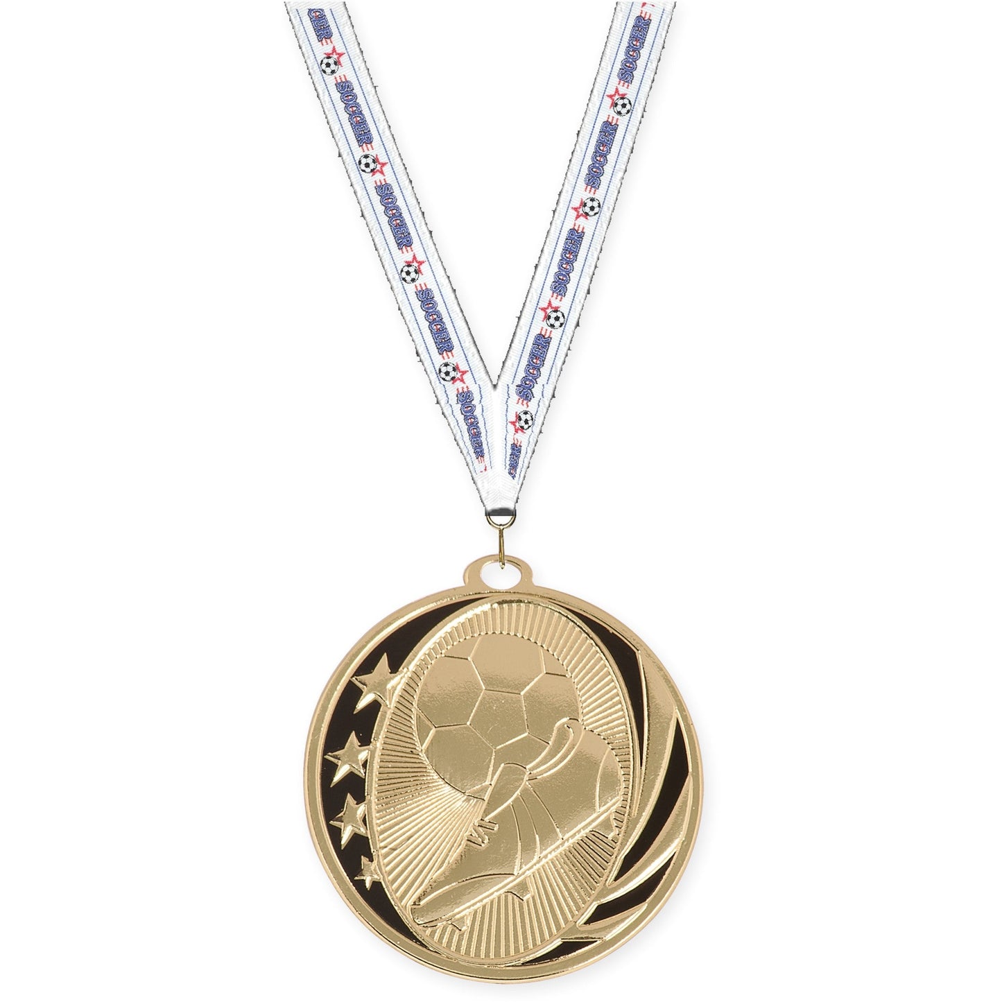 2 inch soccer MidNite Star medal in bright gold with Soccer neck ribbon