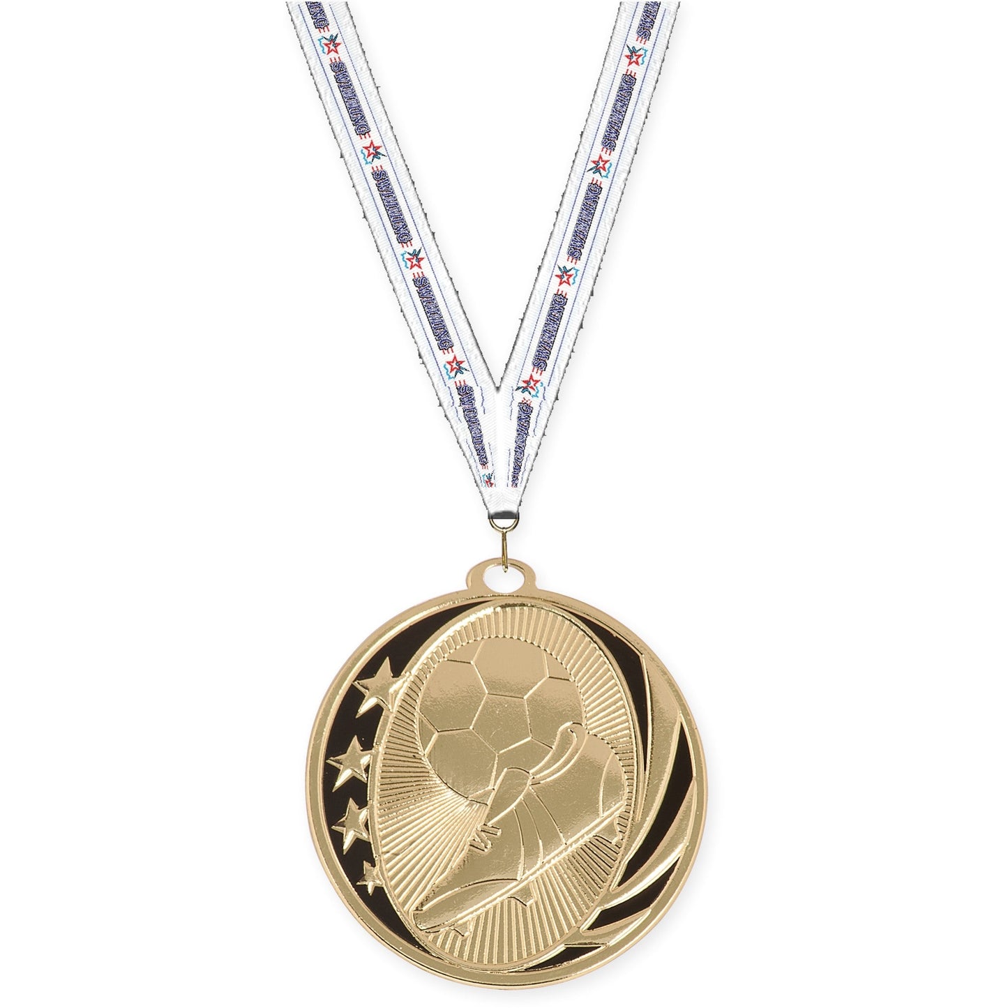 2 inch soccer MidNite Star medal in bright gold with Swimming neck ribbon