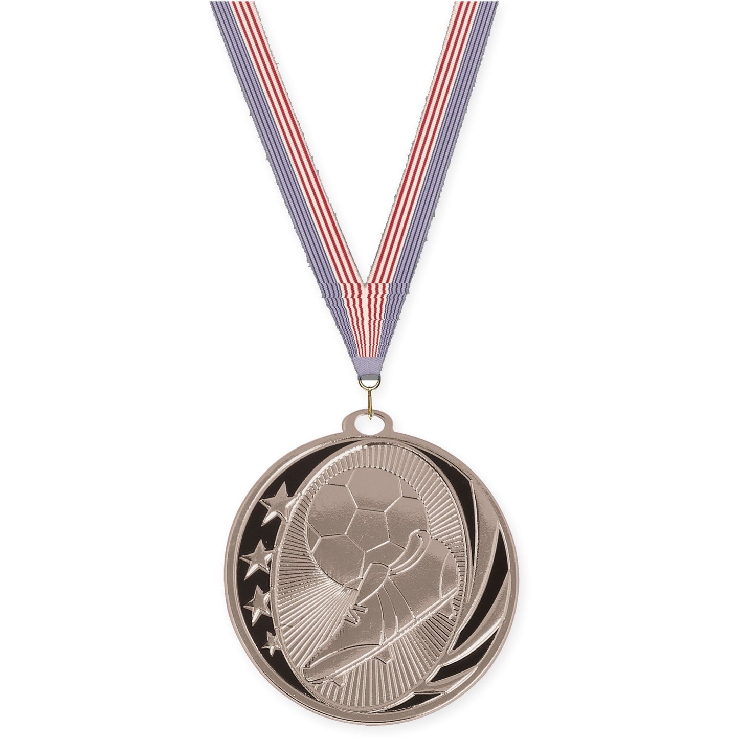 2 inch soccer MidNite Star medal in bright silver with USA Flag neck ribbon