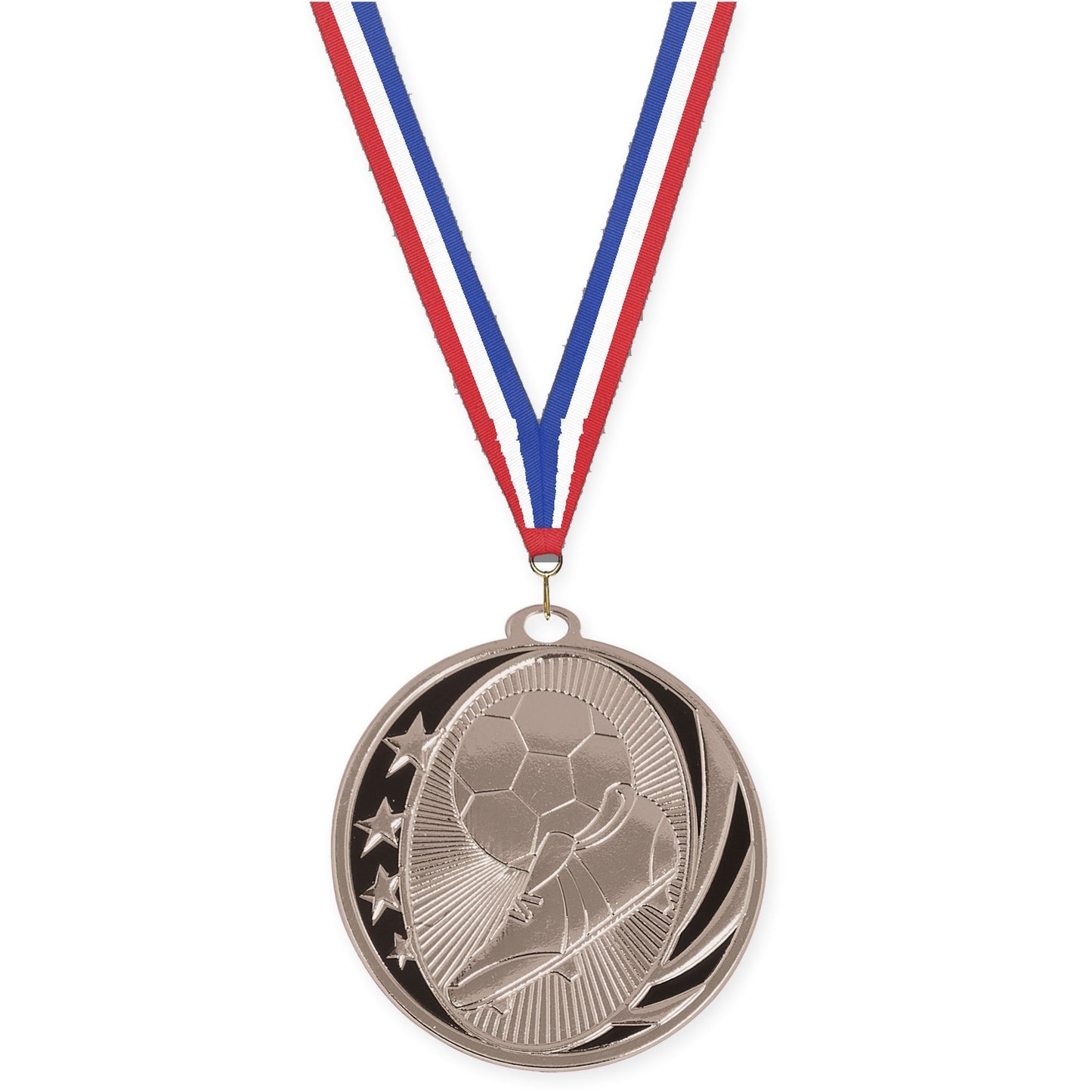 2 inch soccer MidNite Star medal in bright silver with Red White Blue neck ribbon