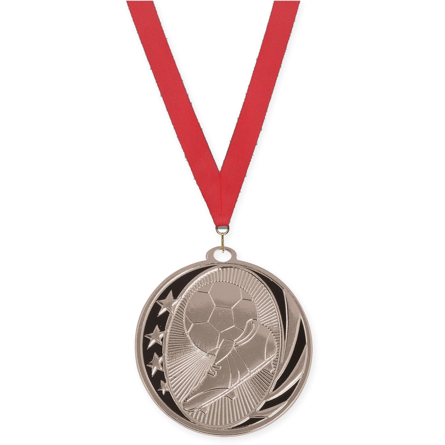 2 inch soccer MidNite Star medal in bright silver with Red neck ribbon