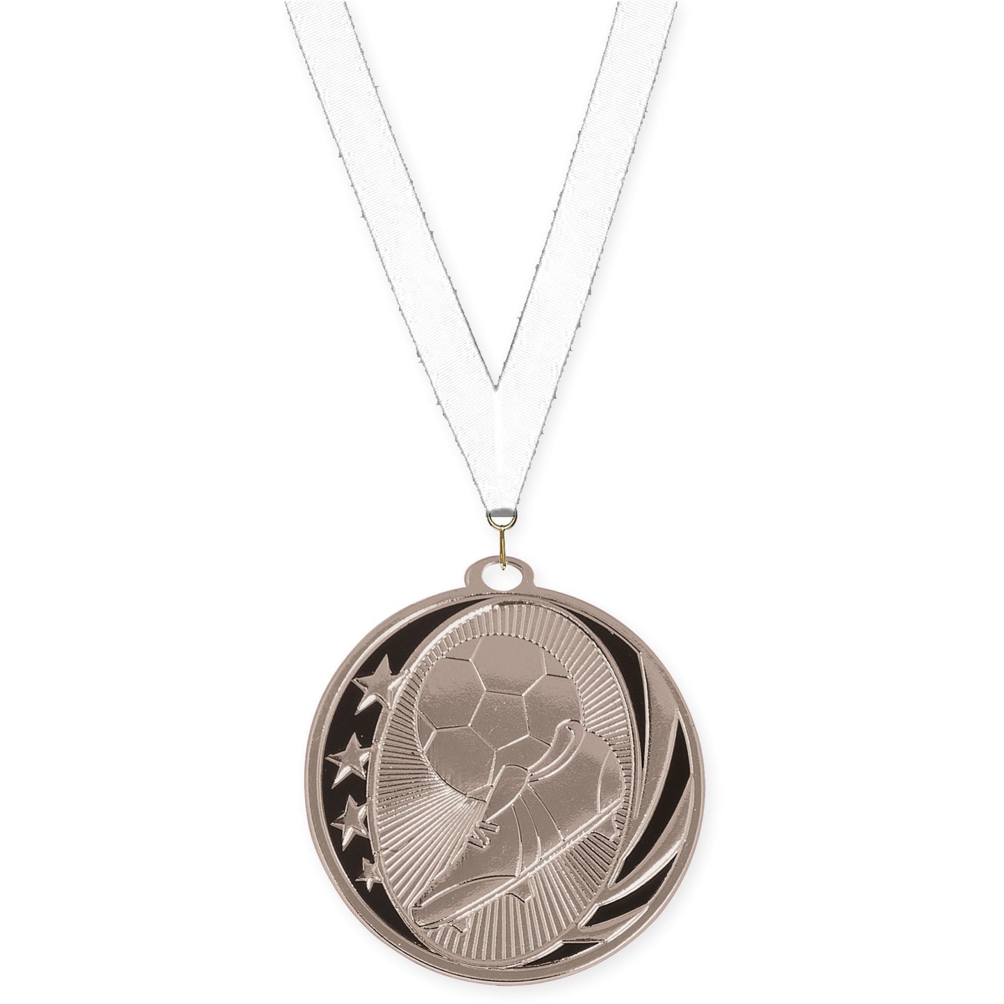2 inch soccer MidNite Star medal in bright silver with White neck ribbon