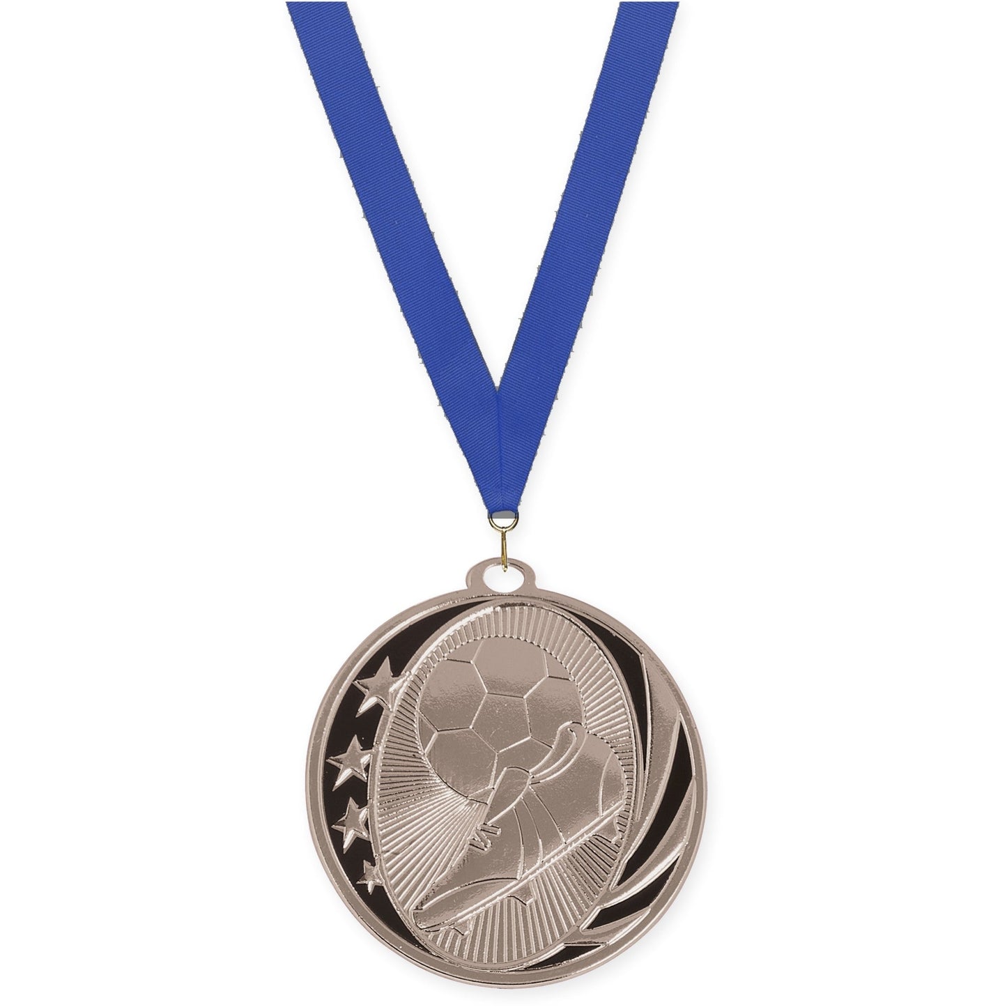 2 inch soccer MidNite Star medal in bright silver with Blue neck ribbon