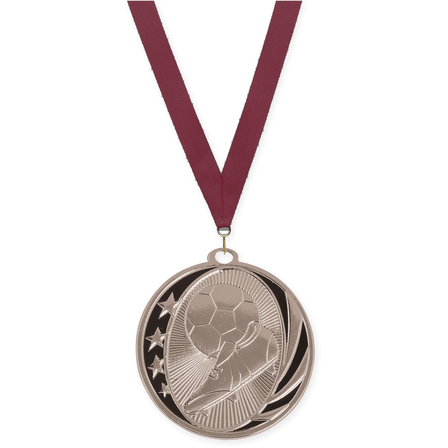 2 inch soccer MidNite Star medal in bright silver with Maroon neck ribbon