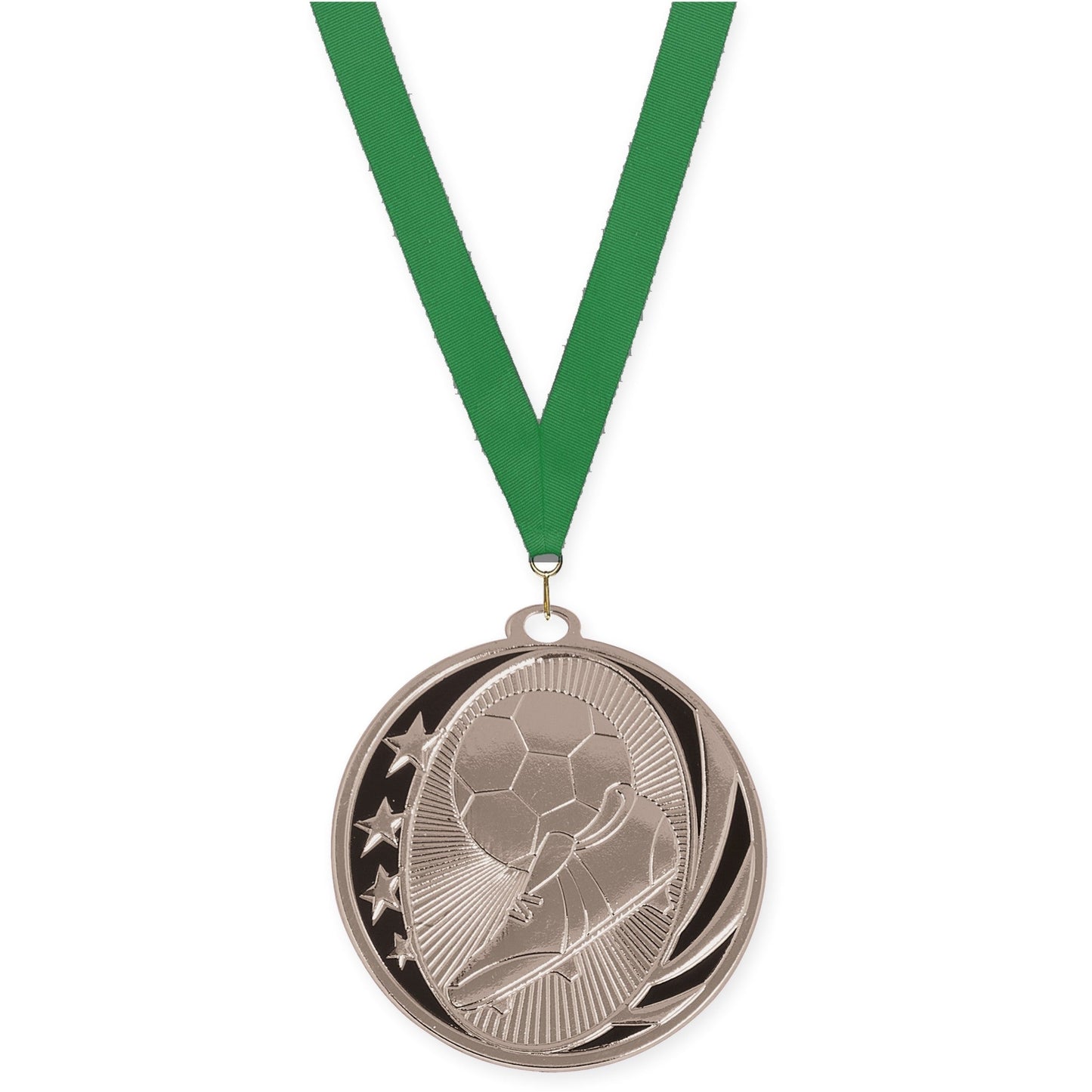 2 inch soccer MidNite Star medal in bright silver with Green neck ribbon