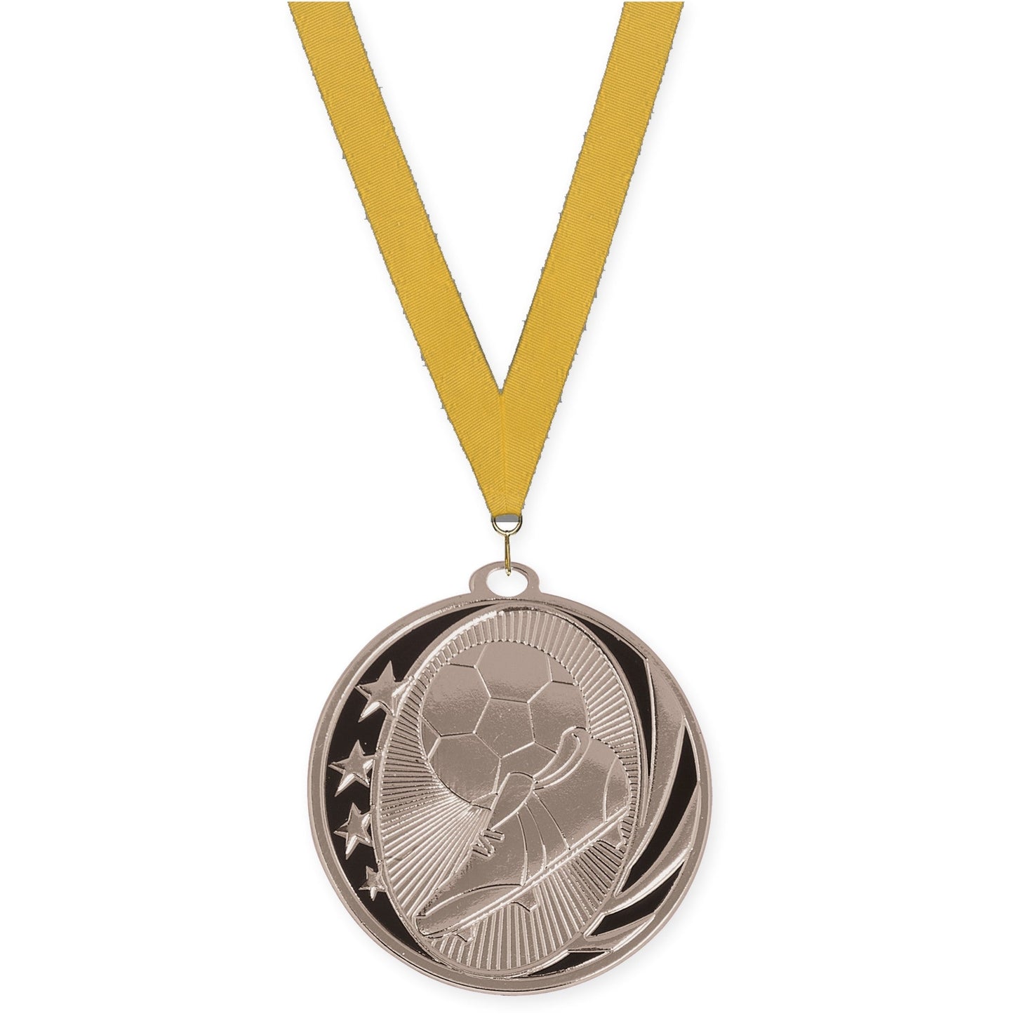 2 inch soccer MidNite Star medal in bright silver with Gold neck ribbon