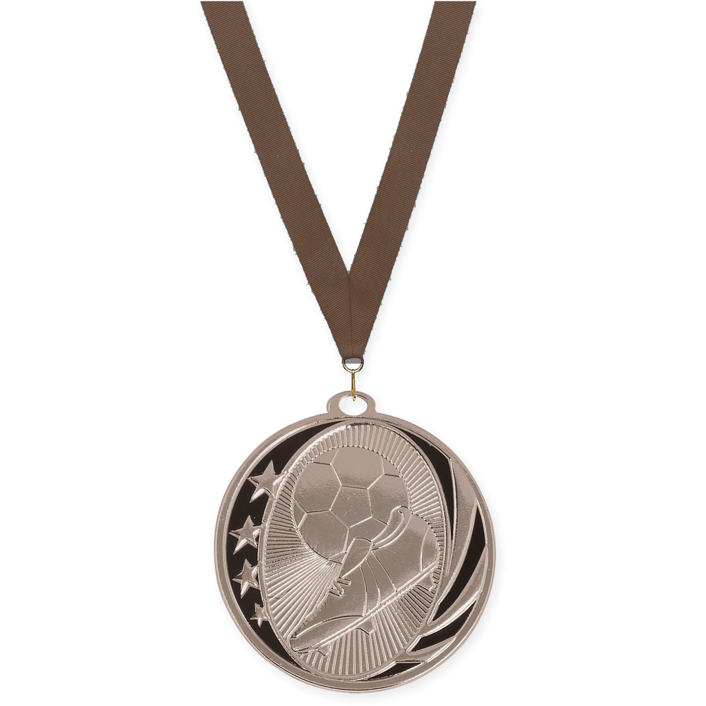 2 inch soccer MidNite Star medal in bright silver with Brown neck ribbon
