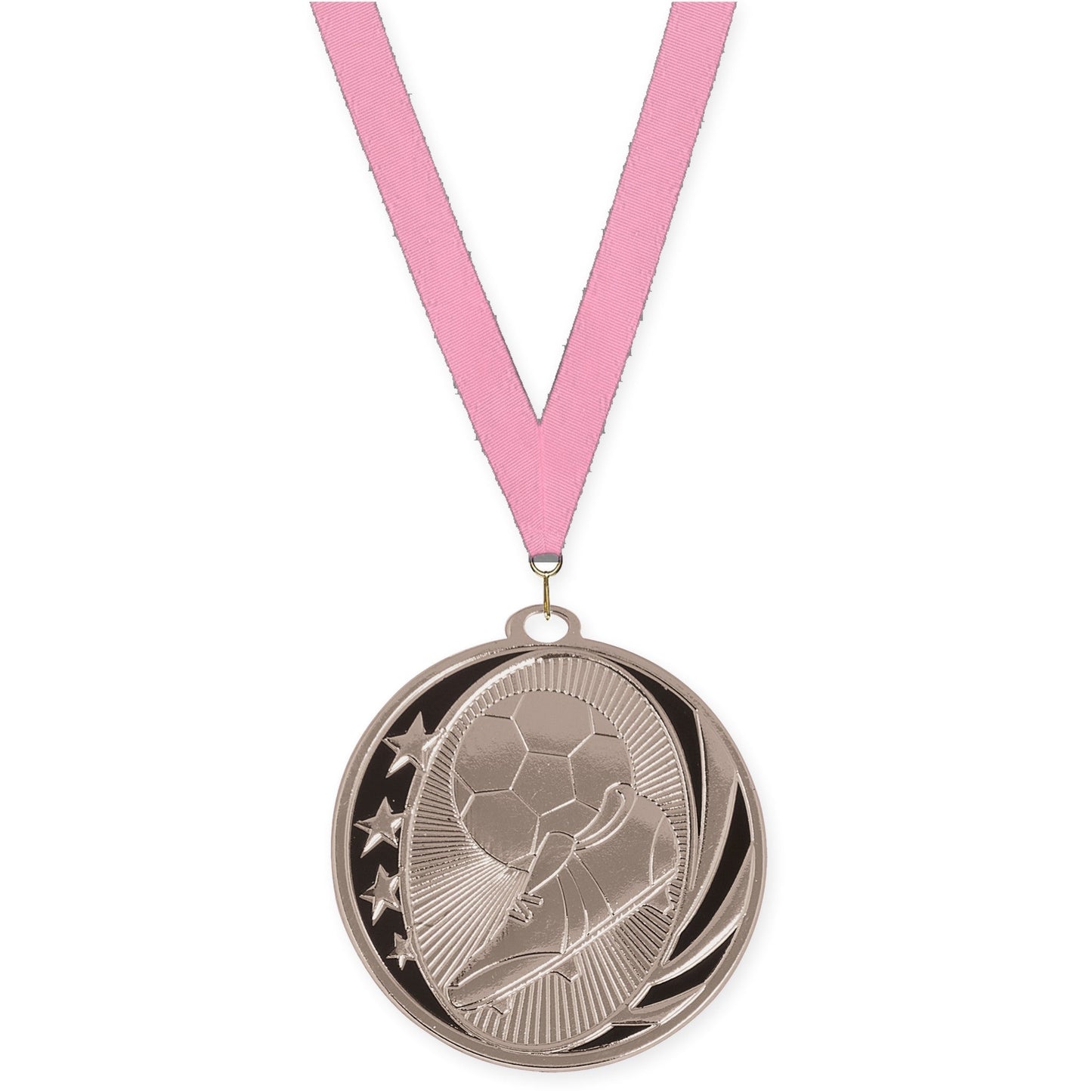 2 inch soccer MidNite Star medal in bright silver with Pink neck ribbon