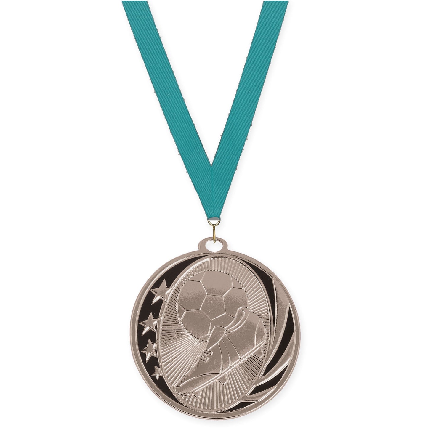 2 inch soccer MidNite Star medal in bright silver with Teal neck ribbon