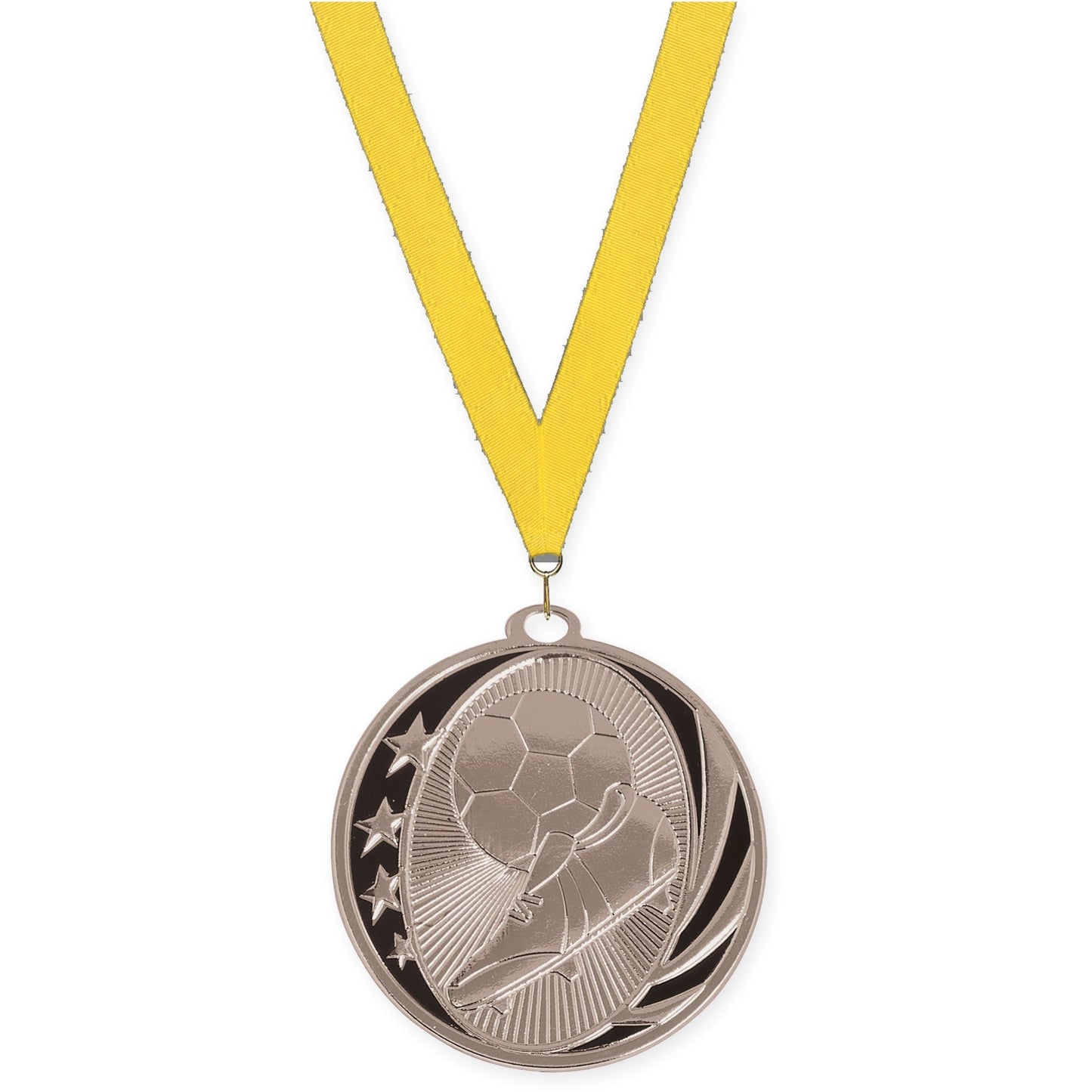 2 inch soccer MidNite Star medal in bright silver with Yellow neck ribbon