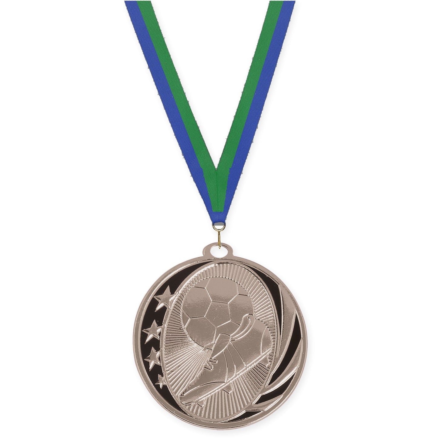 2 inch soccer MidNite Star medal in bright silver with Blue Green neck ribbon