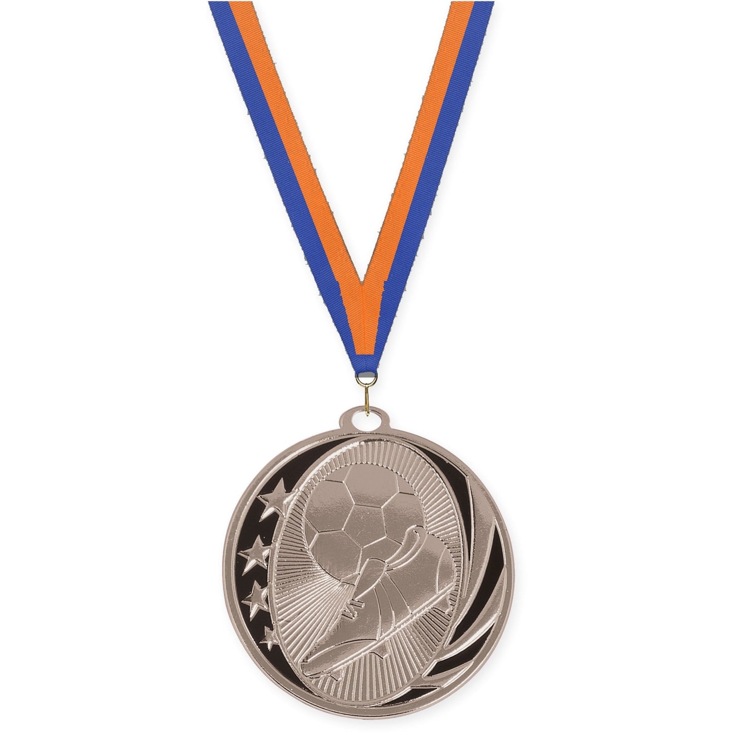 2 inch soccer MidNite Star medal in bright silver with Blue Orange neck ribbon