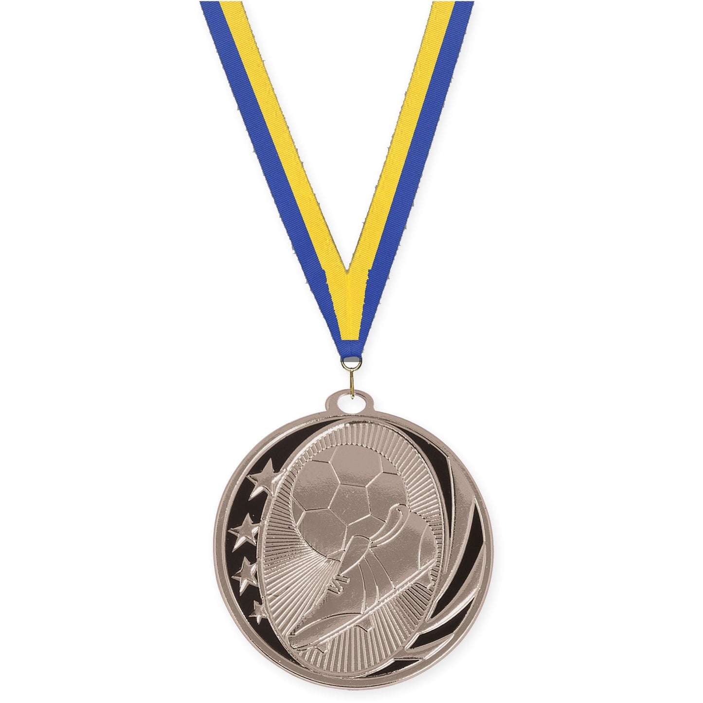 2 inch soccer MidNite Star medal in bright silver with Blue Yellow neck ribbon
