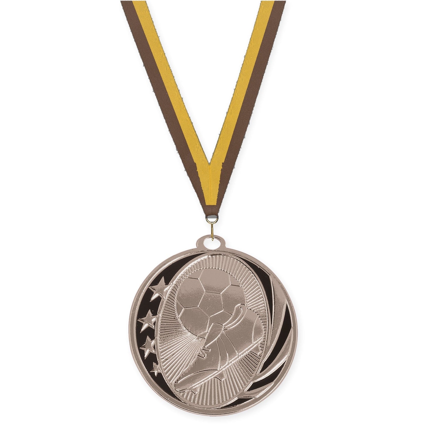 2 inch soccer MidNite Star medal in bright silver with Brown Gold neck ribbon