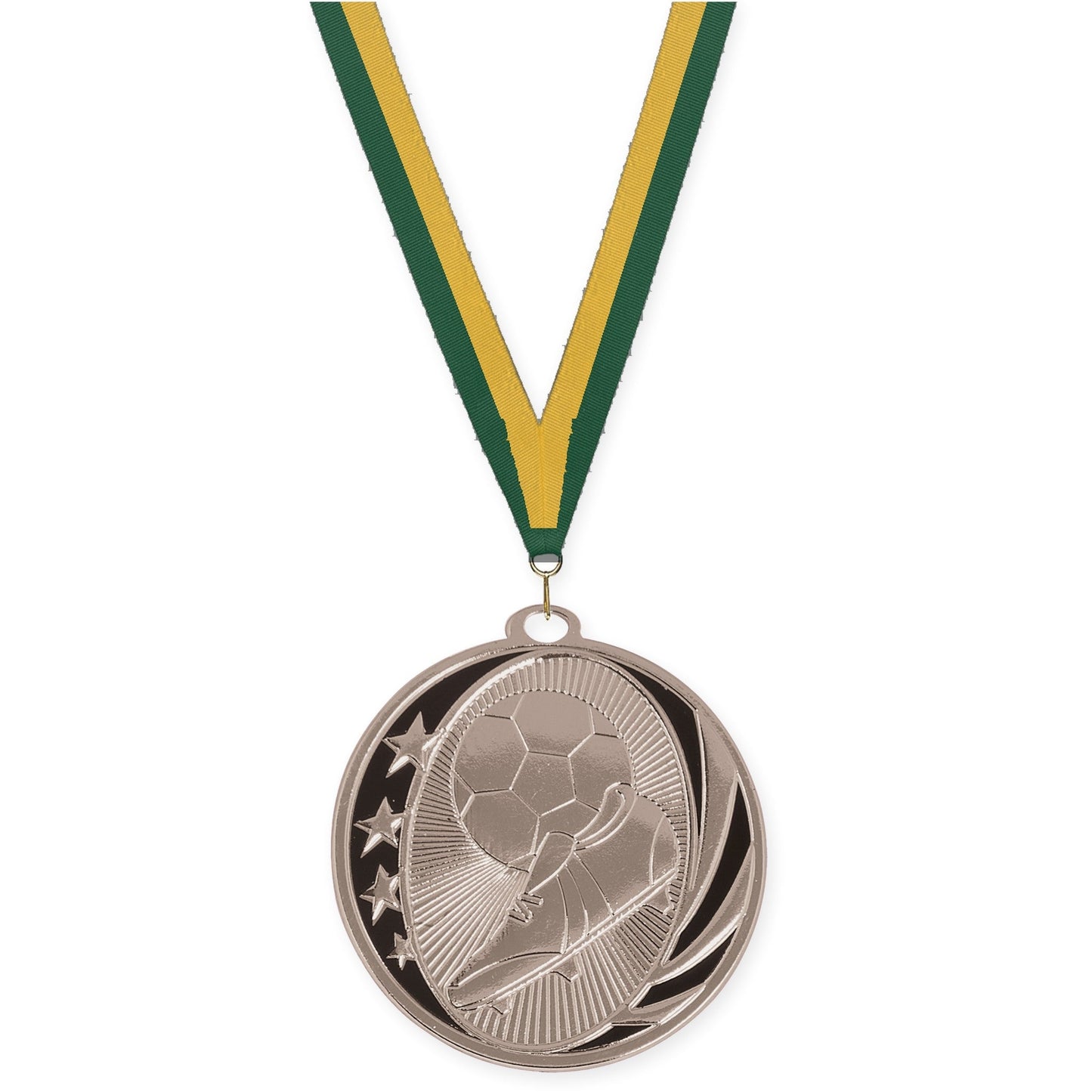2 inch soccer MidNite Star medal in bright silver with Hunter Green Gold neck ribbon