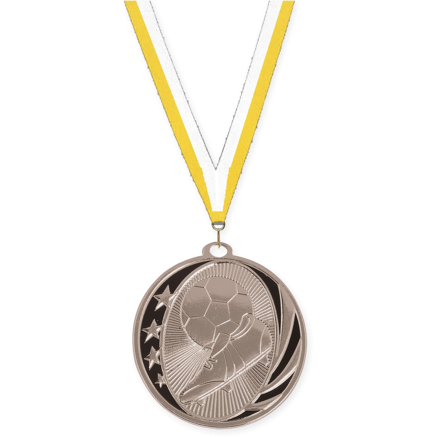 2 inch soccer MidNite Star medal in bright silver with Yellow White neck ribbon