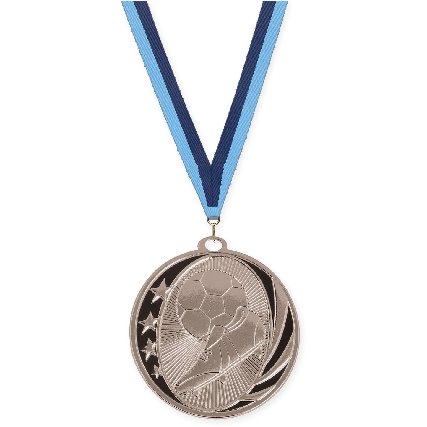 2 inch soccer MidNite Star medal in bright silver with Light Blue Navy neck ribbon