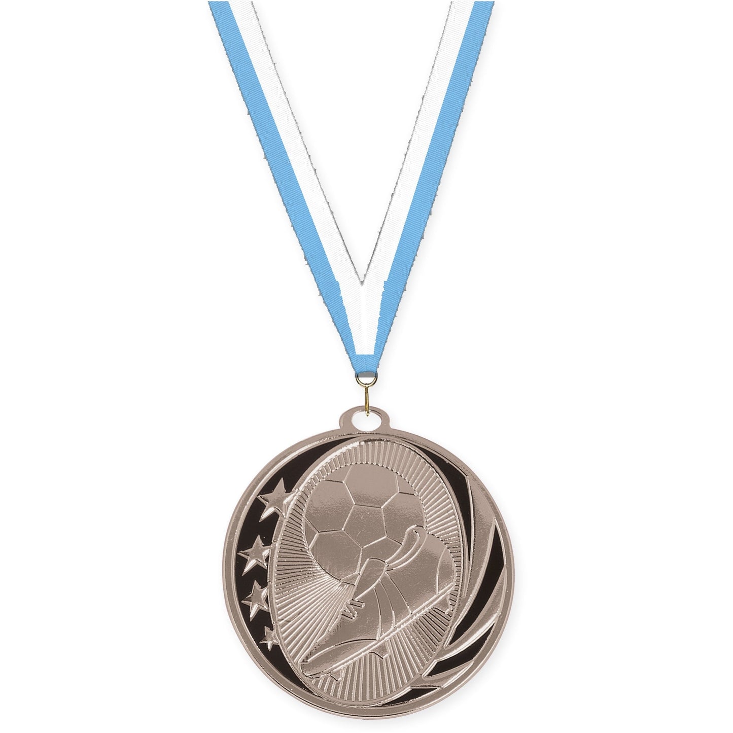 2 inch soccer MidNite Star medal in bright silver with Light Blue White neck ribbon