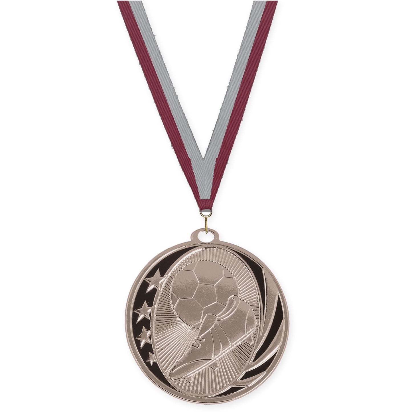 2 inch soccer MidNite Star medal in bright silver with Maroon Gray neck ribbon
