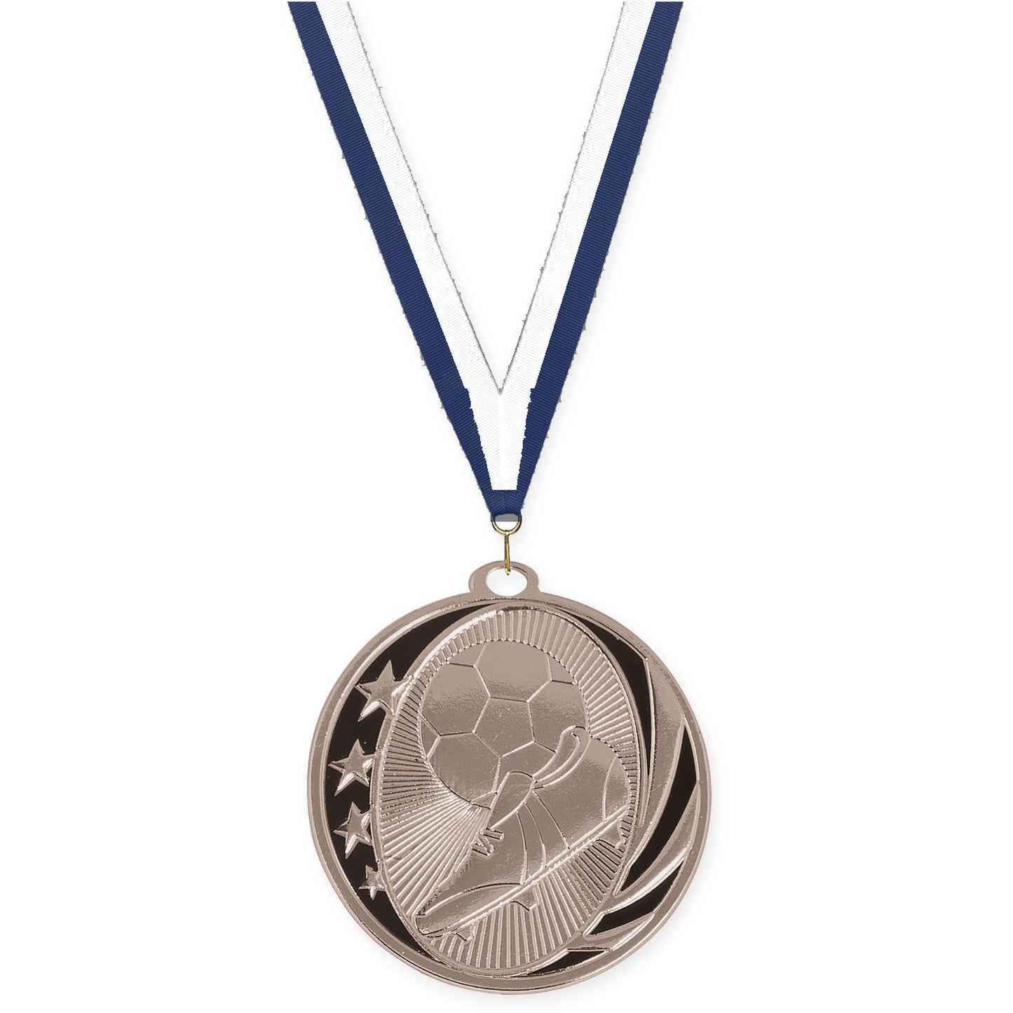 2 inch soccer MidNite Star medal in bright silver with Navy White neck ribbon