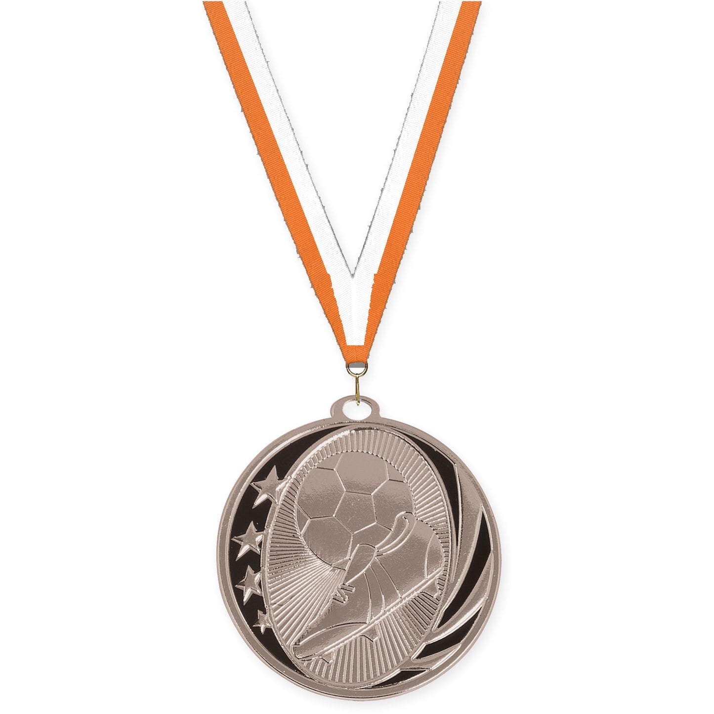 2 inch soccer MidNite Star medal in bright silver with Orange White neck ribbon