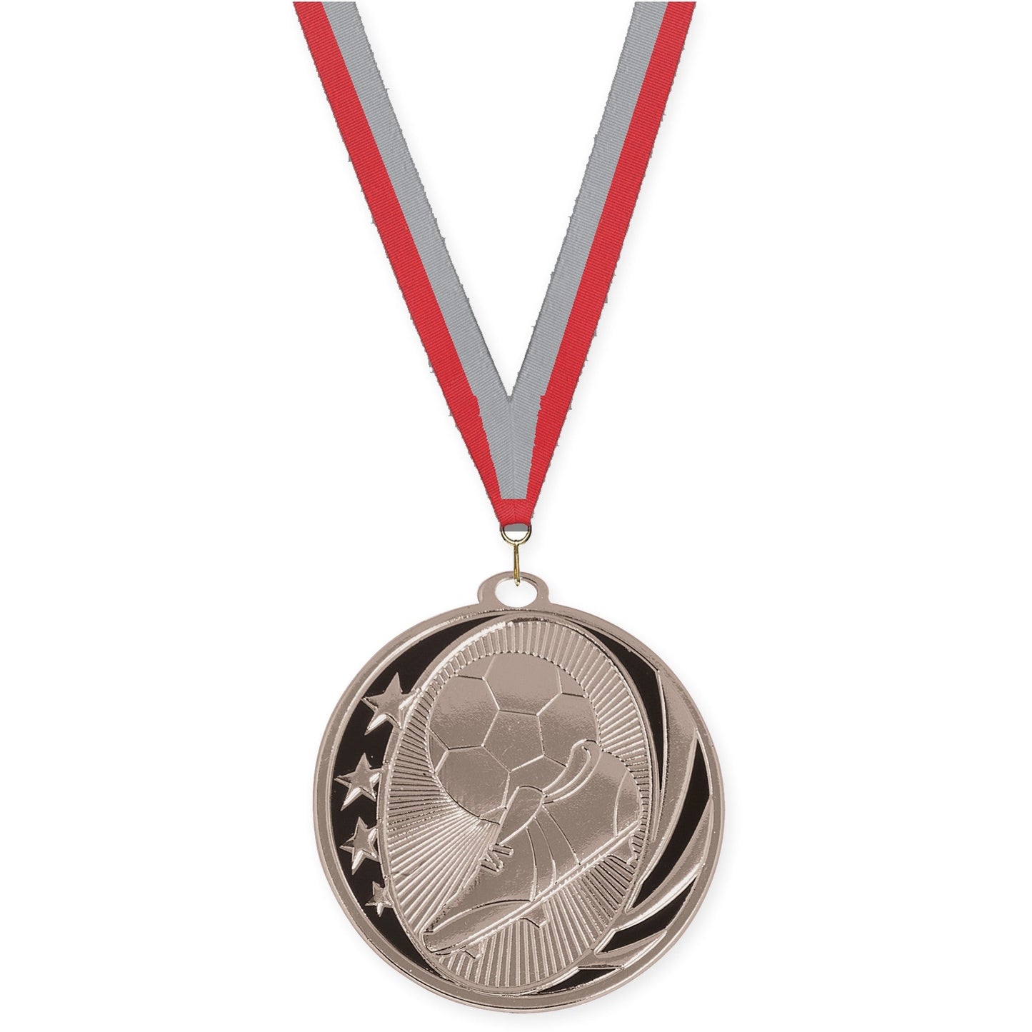 2 inch soccer MidNite Star medal in bright silver with Red Gray neck ribbon