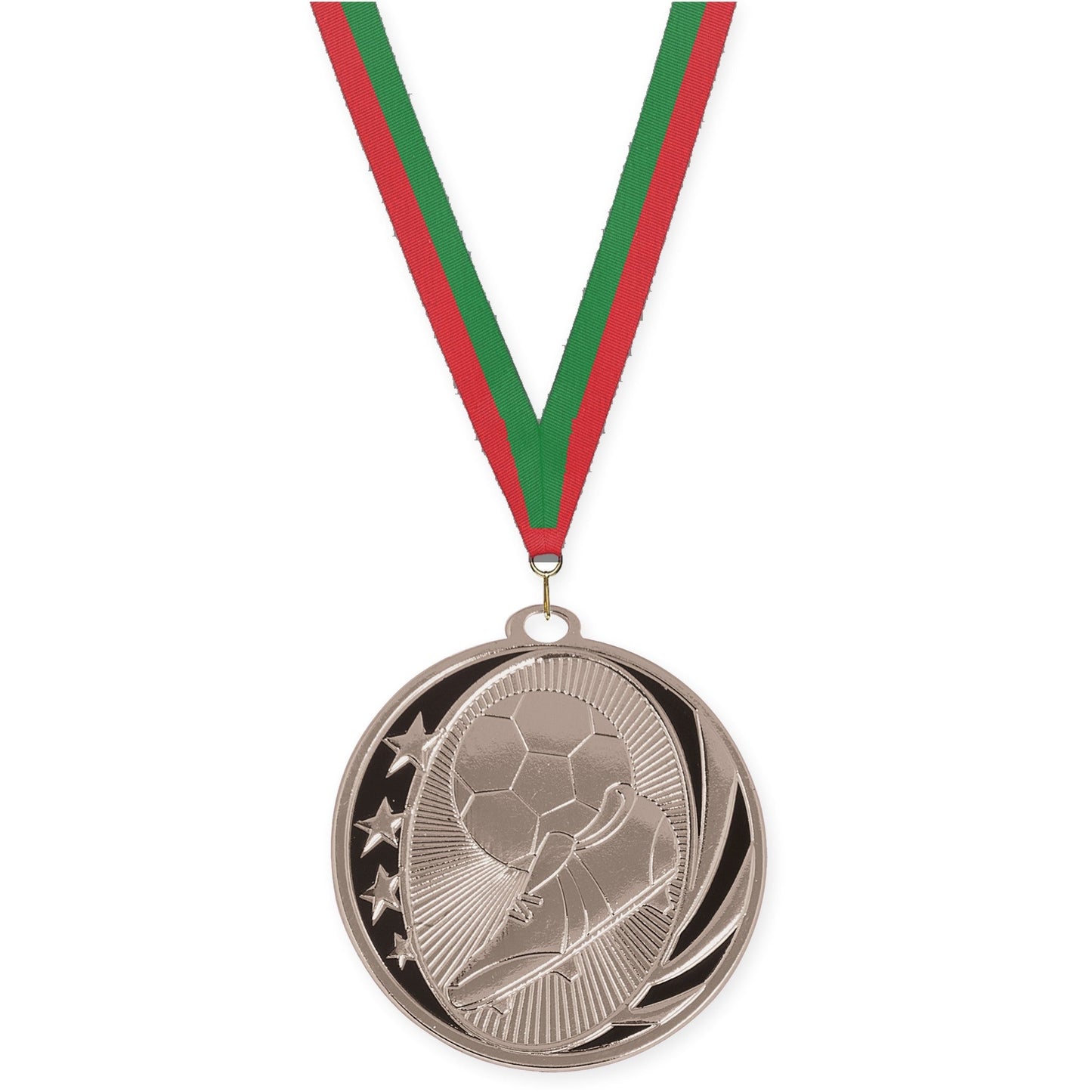 2 inch soccer MidNite Star medal in bright silver with Red Green neck ribbon