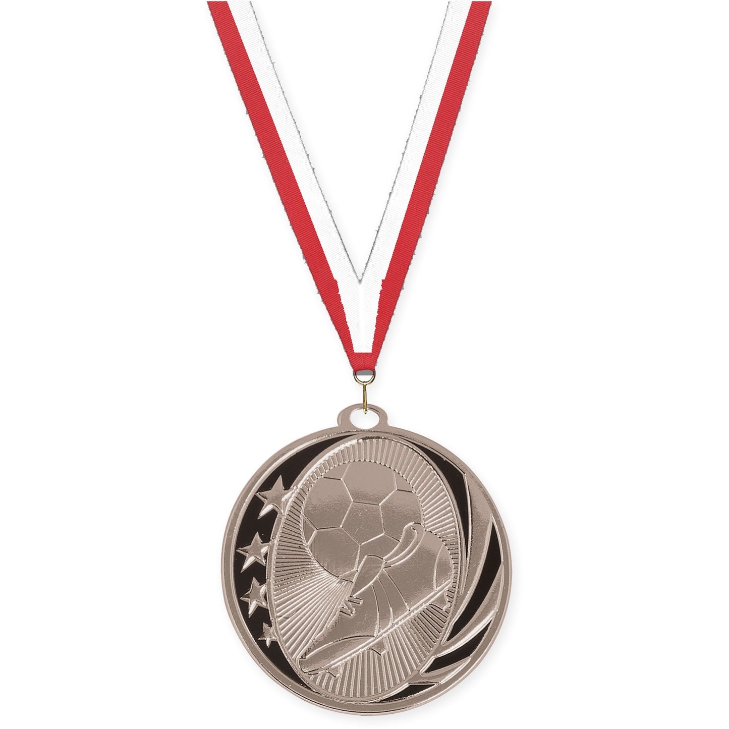 2 inch soccer MidNite Star medal in bright silver with Red White neck ribbon