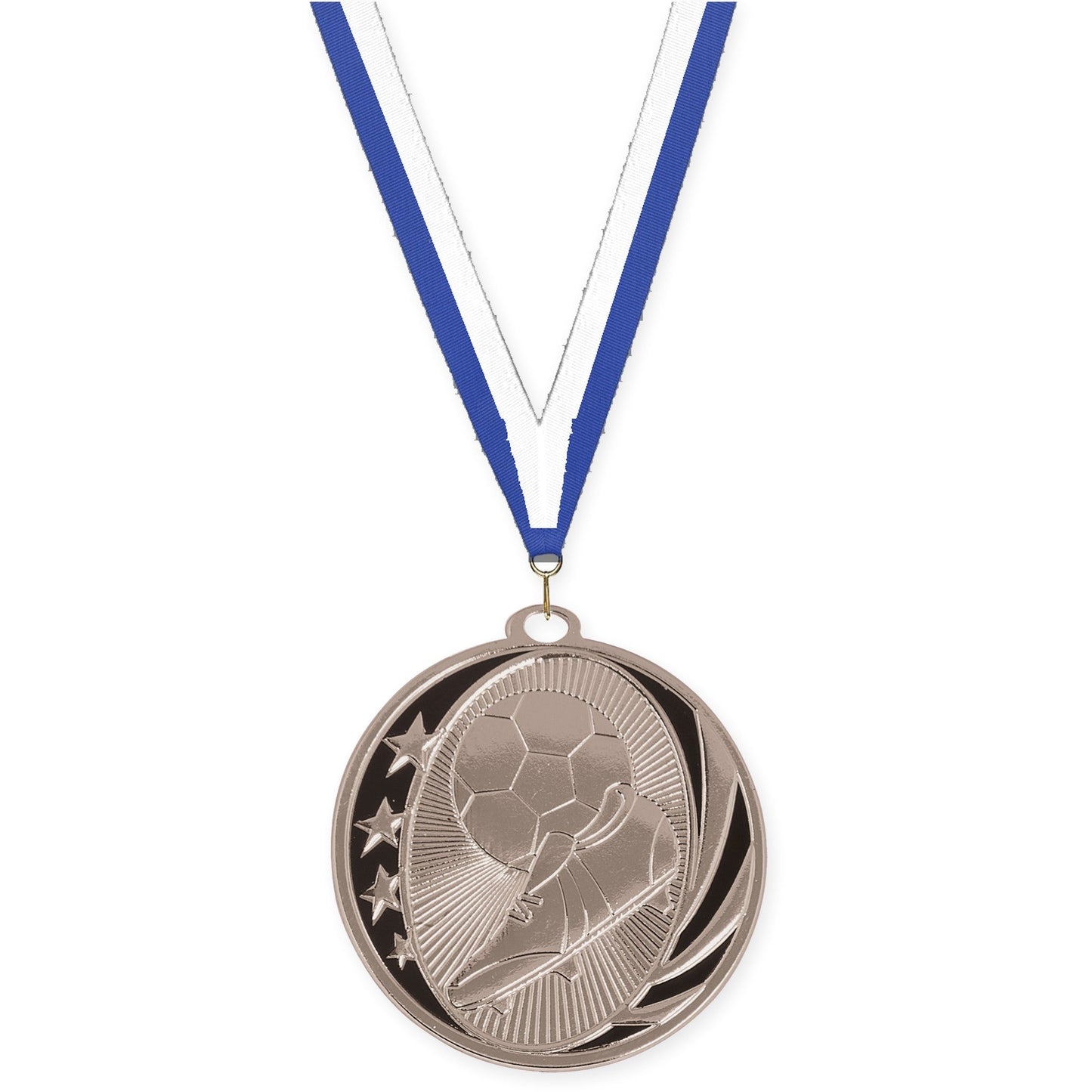 2 inch soccer MidNite Star medal in bright silver with Blue White neck ribbon