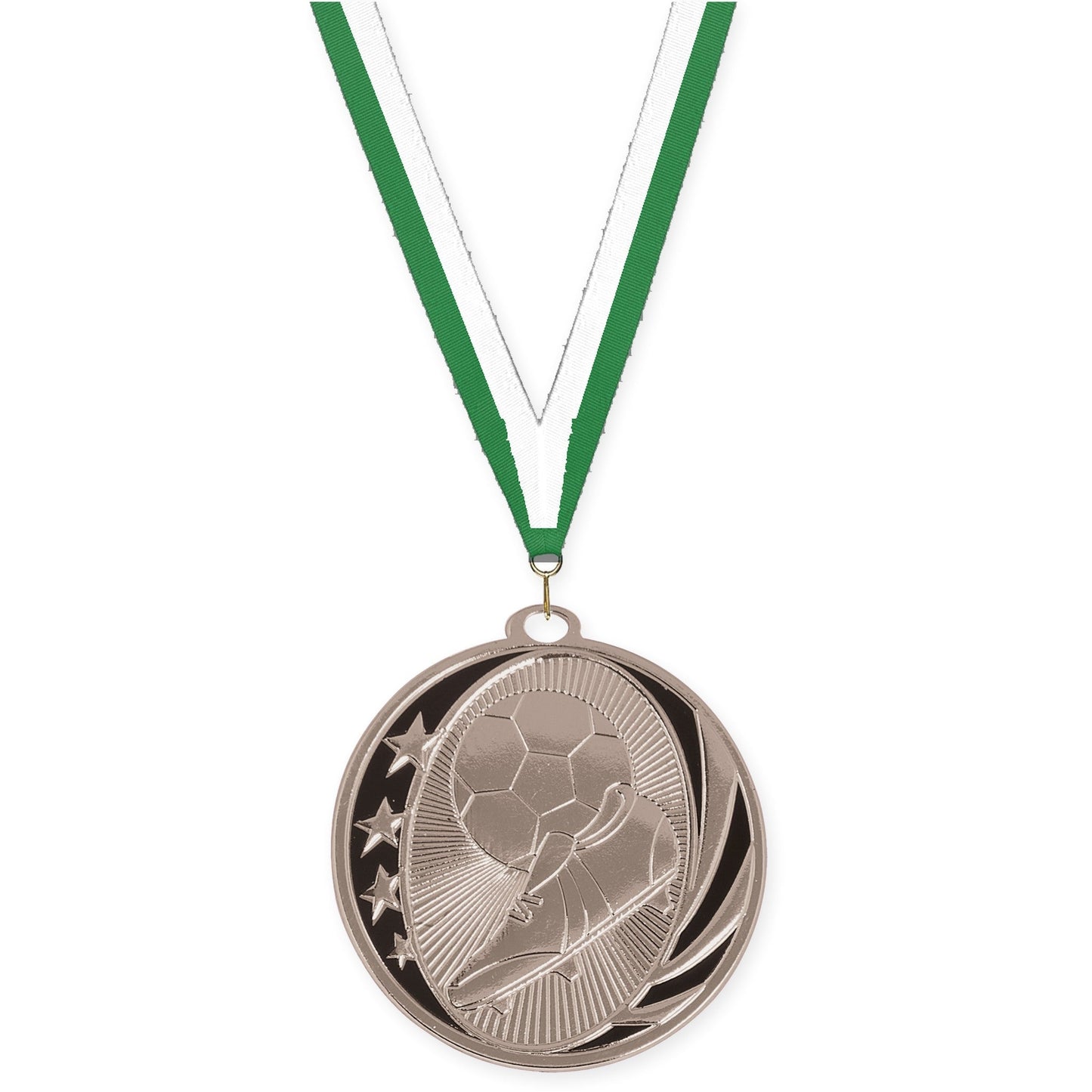 2 inch soccer MidNite Star medal in bright silver with Green White neck ribbon
