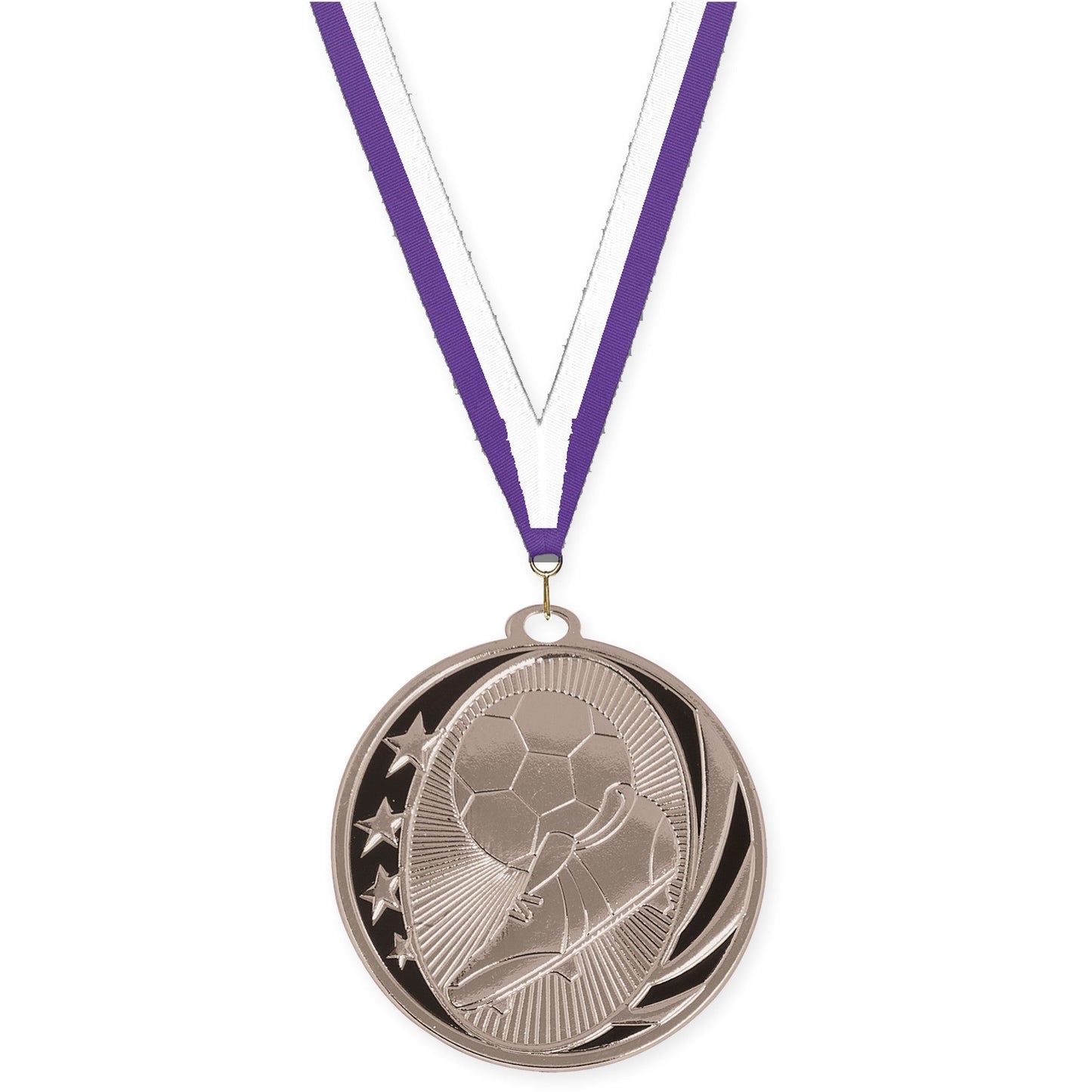 2 inch soccer MidNite Star medal in bright silver with Purple White neck ribbon