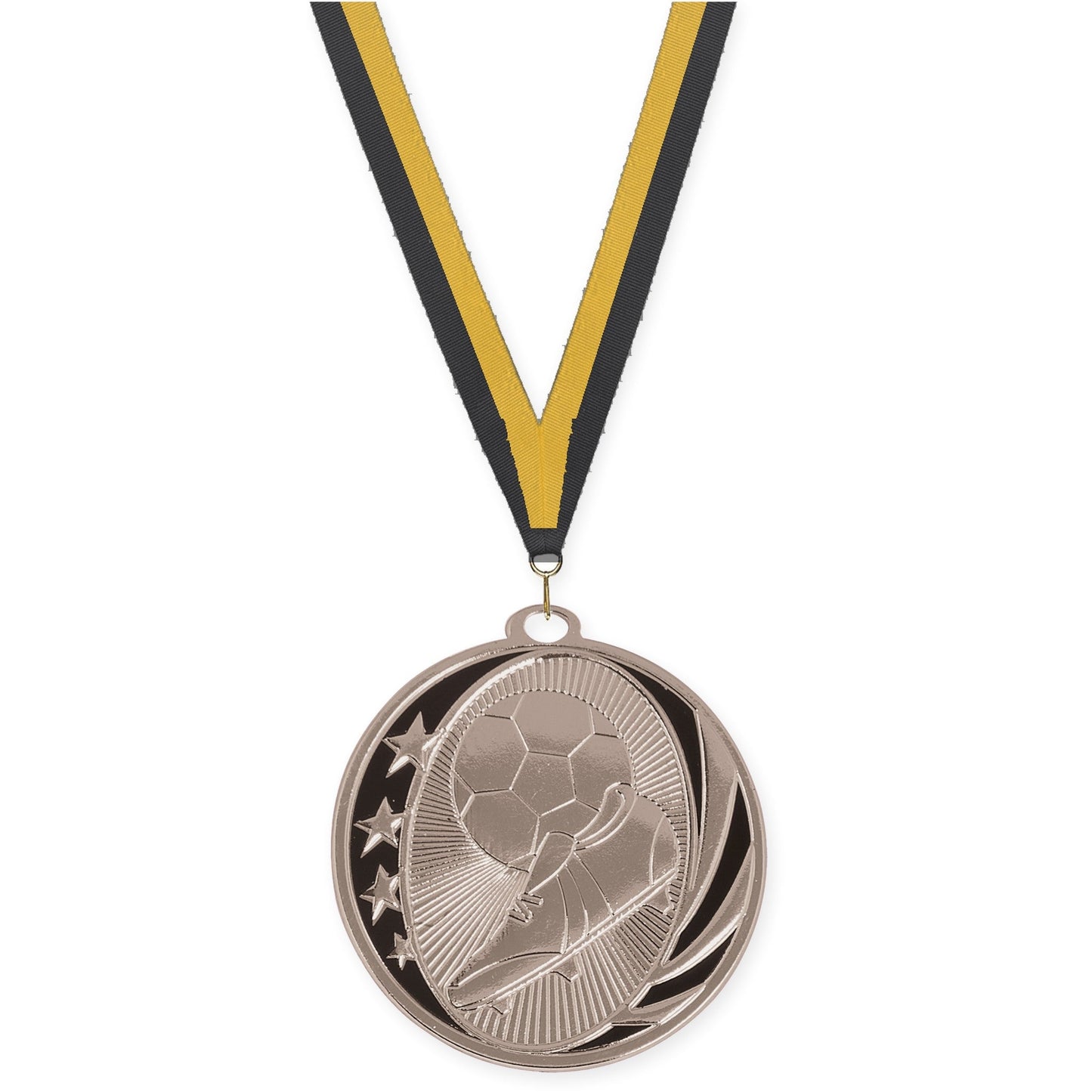 2 inch soccer MidNite Star medal in bright silver with Black Gold neck ribbon