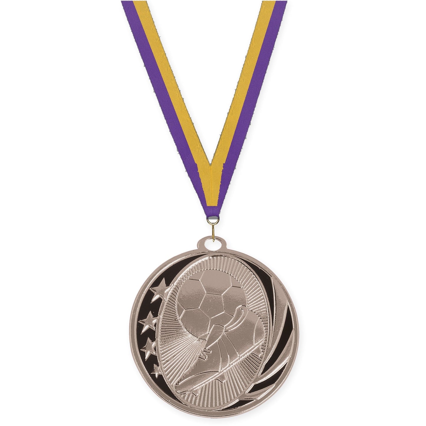 2 inch soccer MidNite Star medal in bright silver with Purple Gold neck ribbon