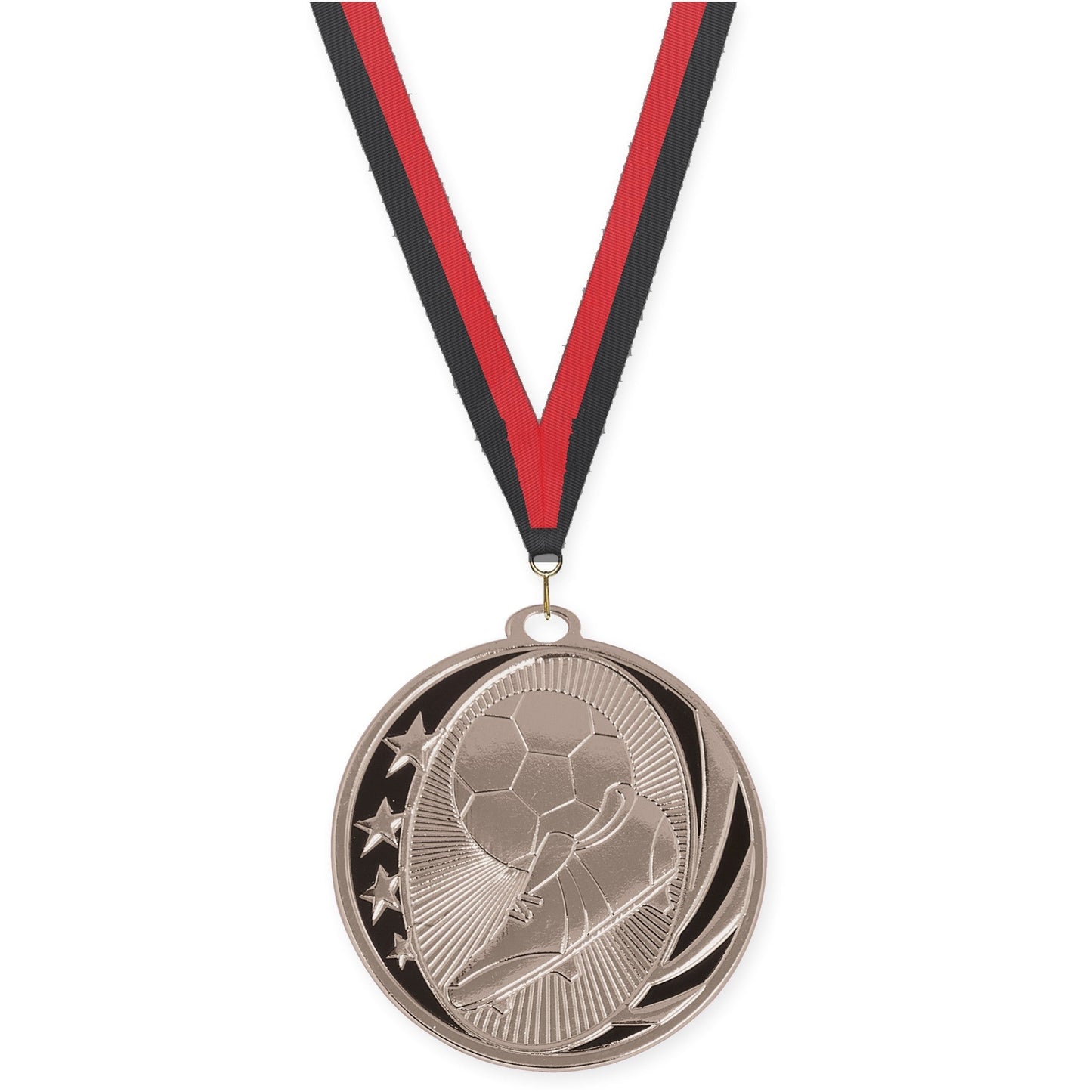 2 inch soccer MidNite Star medal in bright silver with Black Red neck ribbon