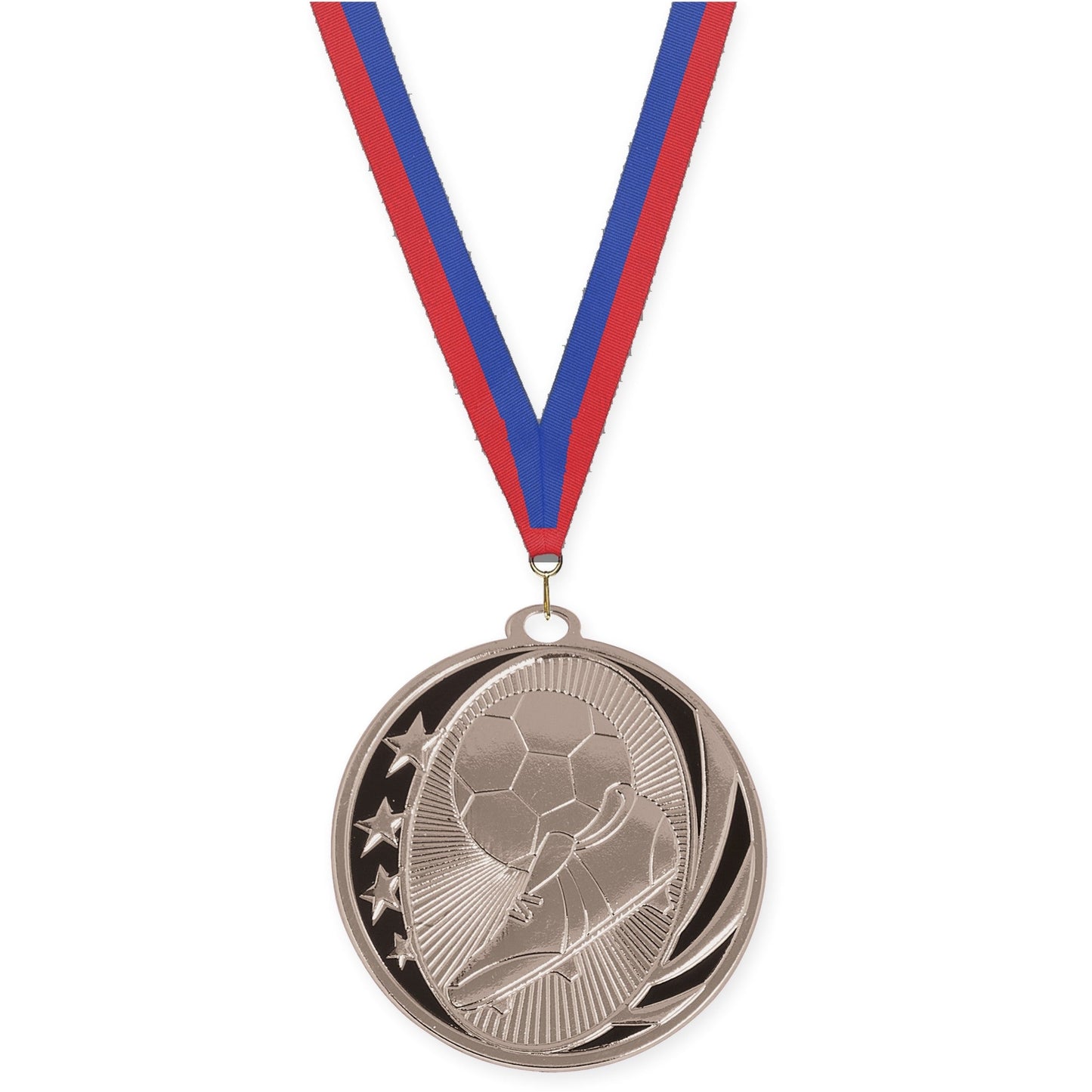 2 inch soccer MidNite Star medal in bright silver with Blue Red neck ribbon