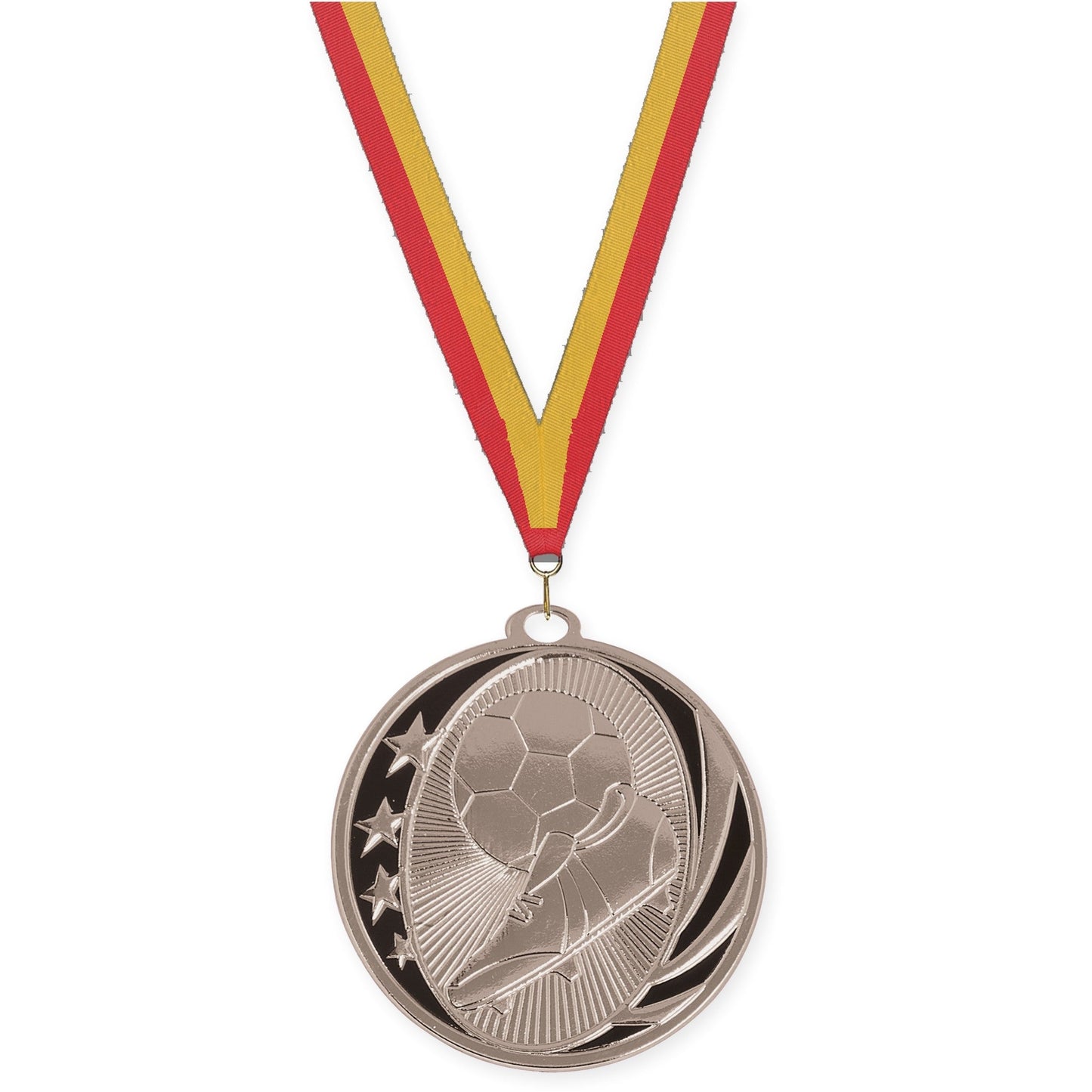 2 inch soccer MidNite Star medal in bright silver with Red Gold neck ribbon