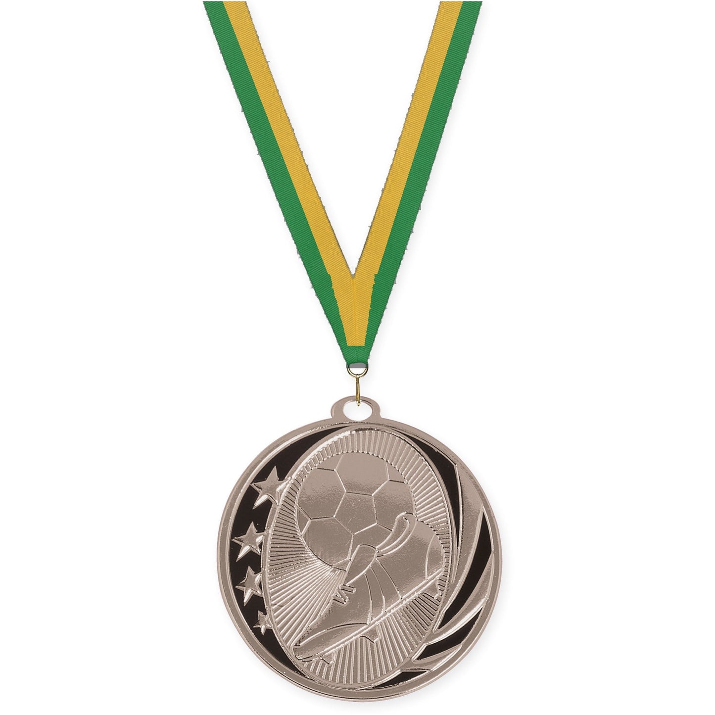 2 inch soccer MidNite Star medal in bright silver with Green Gold neck ribbon