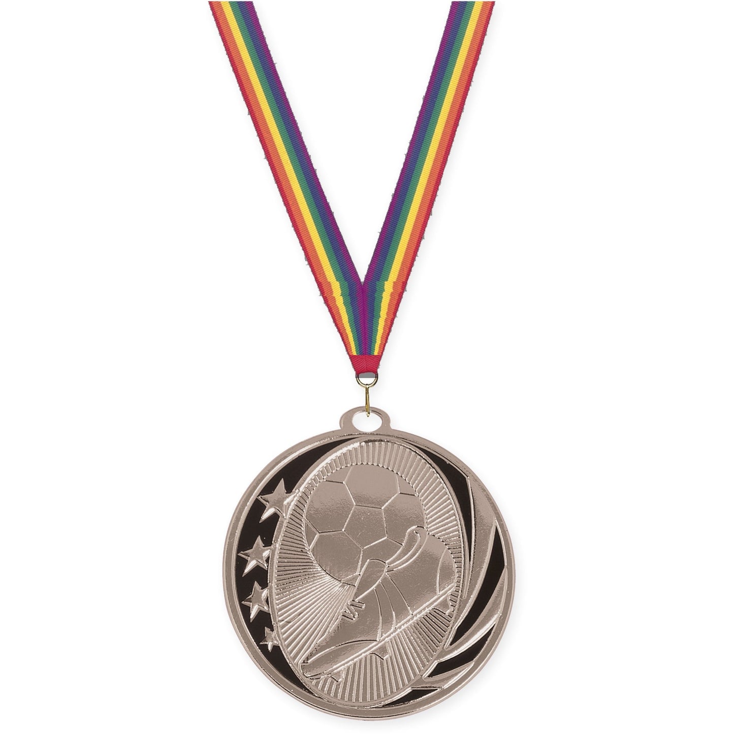 2 inch soccer MidNite Star medal in bright silver with Rainbow neck ribbon