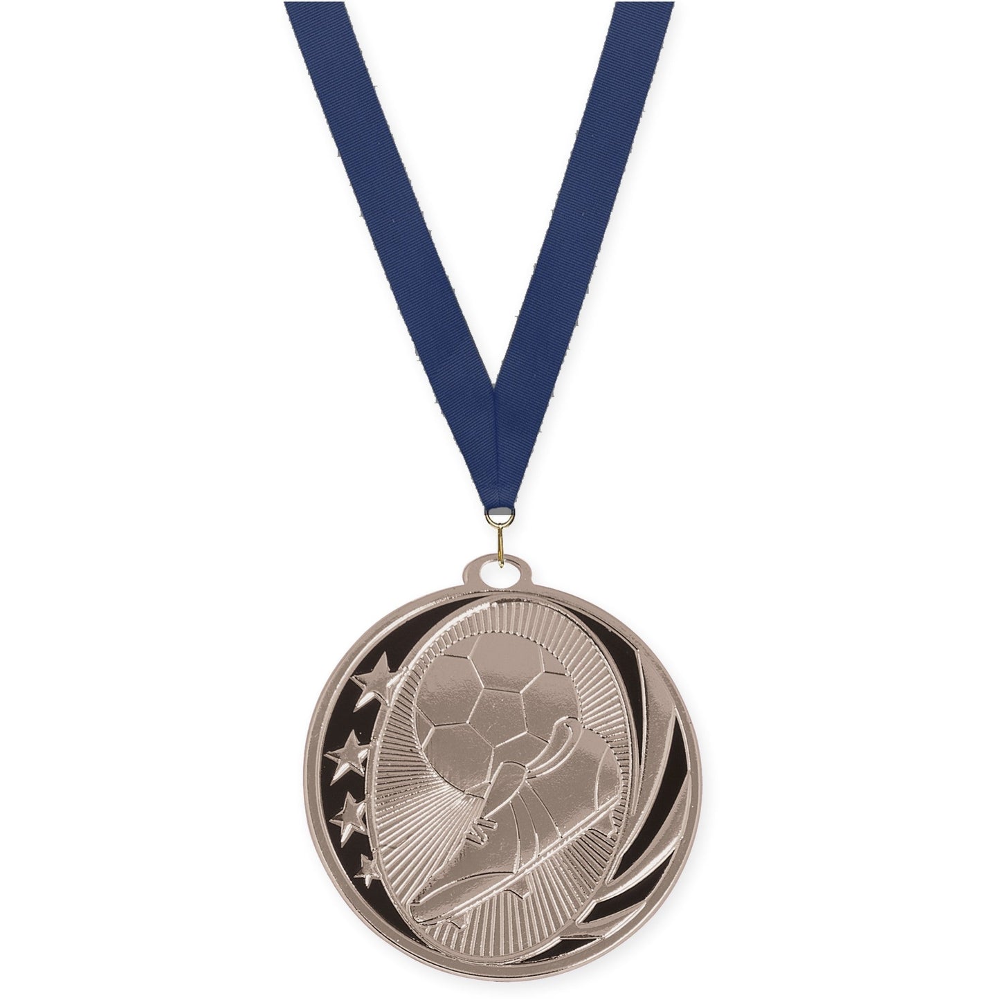 2 inch soccer MidNite Star medal in bright silver with Navy neck ribbon