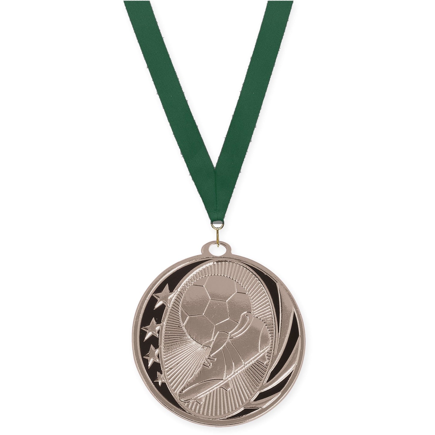 2 inch soccer MidNite Star medal in bright silver with Hunter Green neck ribbon
