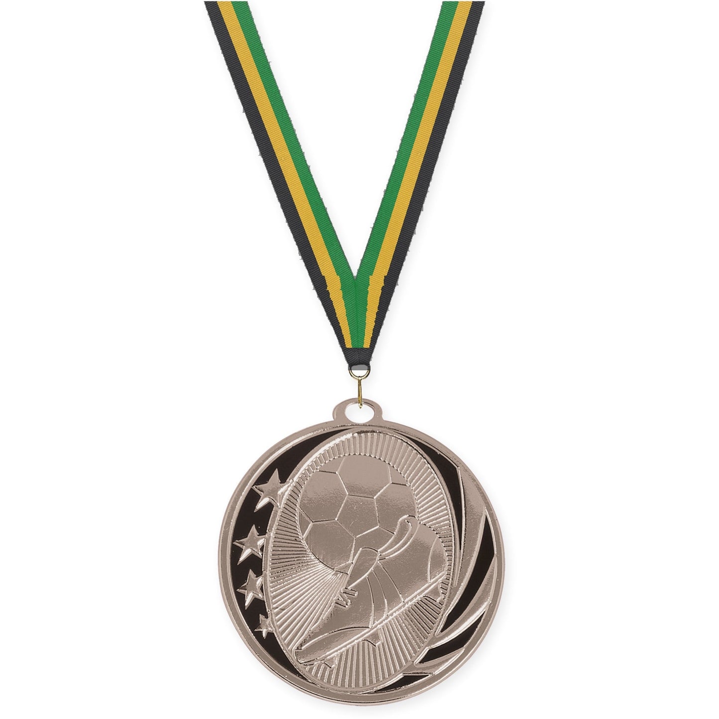 2 inch soccer MidNite Star medal in bright silver with Black Gold Green neck ribbon