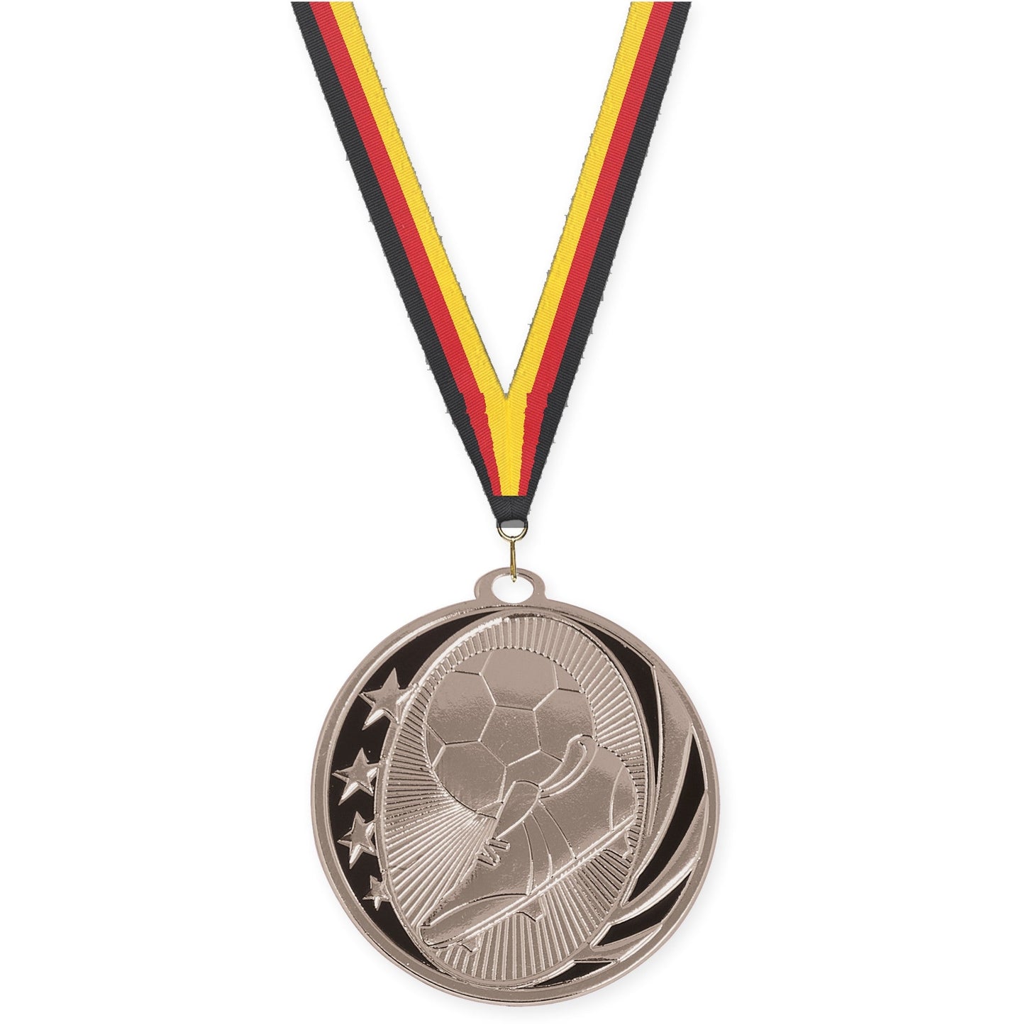 2 inch soccer MidNite Star medal in bright silver with Black Red Yellow neck ribbon