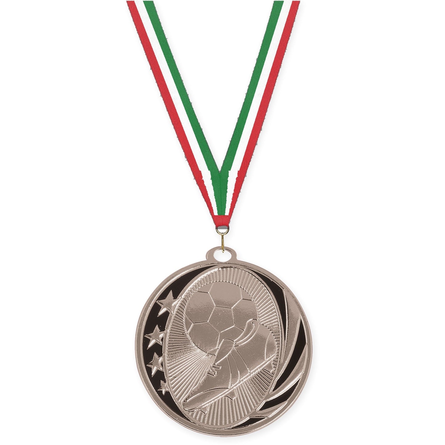 2 inch soccer MidNite Star medal in bright silver with Red White Green neck ribbon