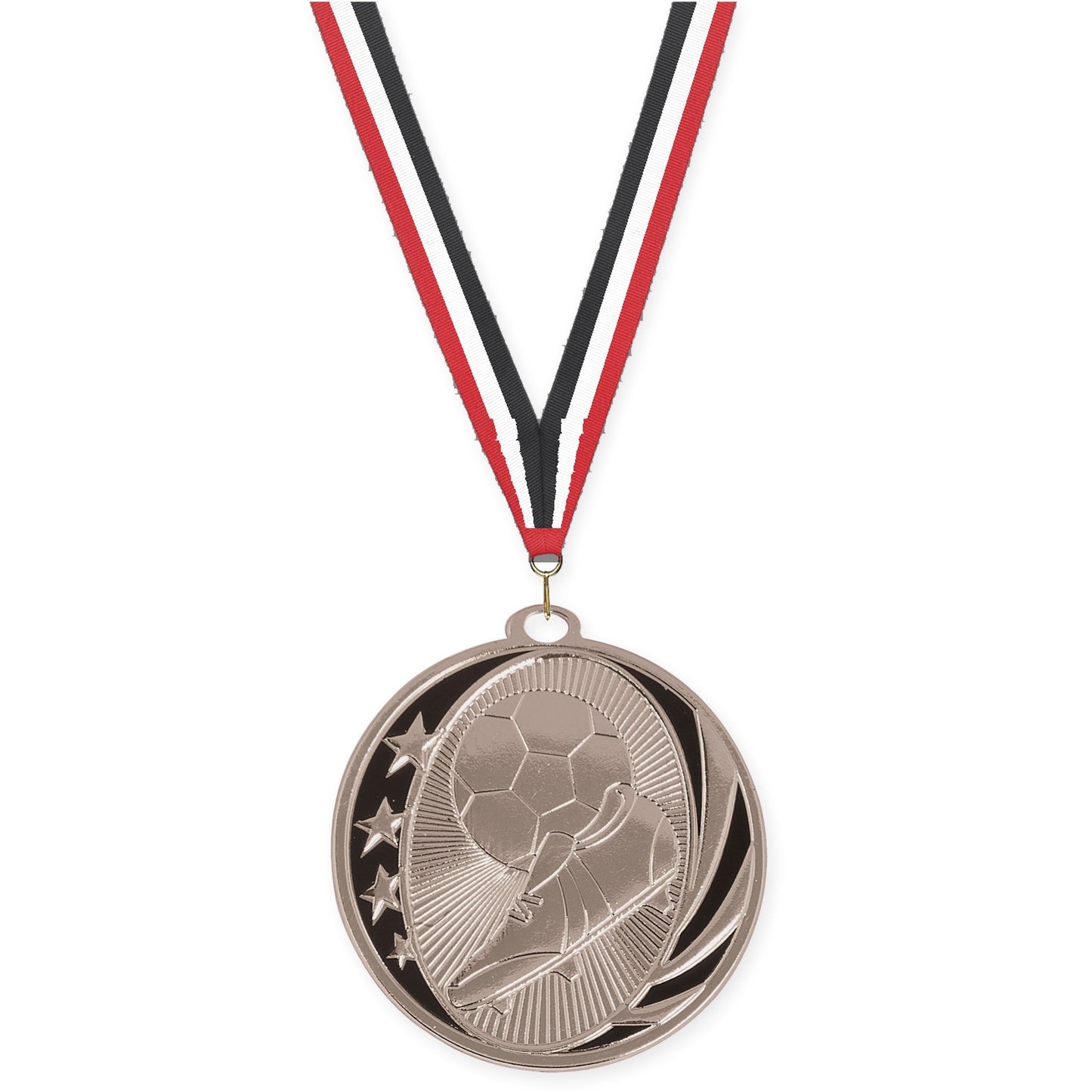 2 inch soccer MidNite Star medal in bright silver with Red White Black neck ribbon