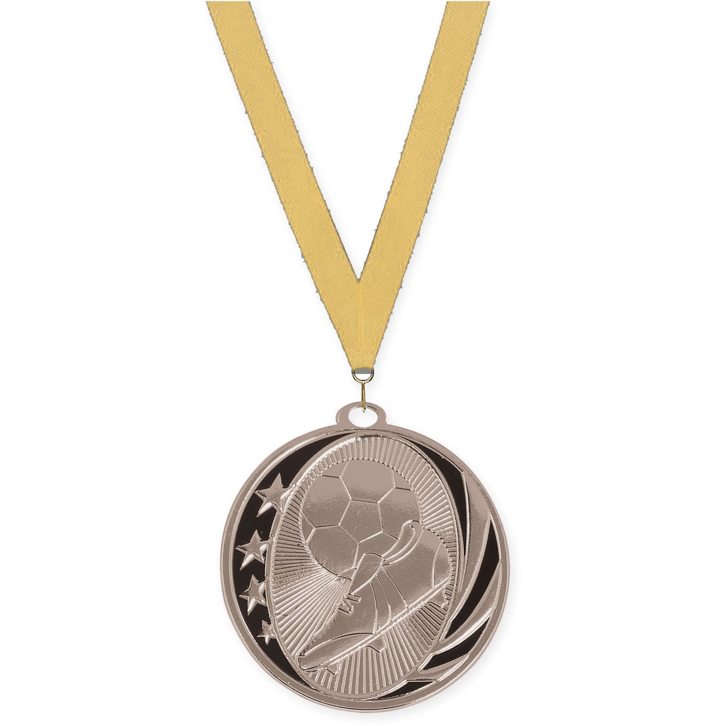 2 inch soccer MidNite Star medal in bright silver with Gold Metallic neck ribbon