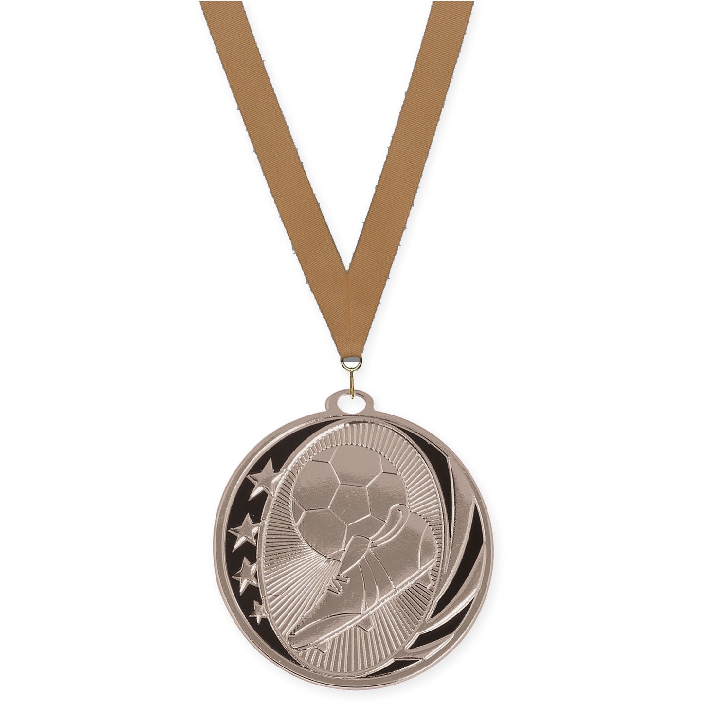 2 inch soccer MidNite Star medal in bright silver with Bronze Metallic neck ribbon